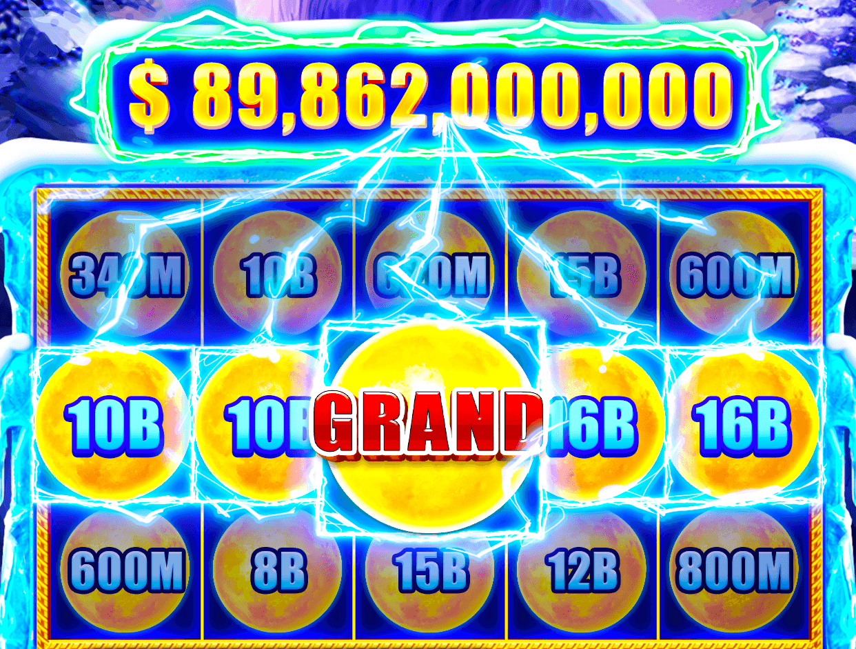 A moon-themed Jackpot Friends Slots machine with an amount of $ 89,862,000,000 in a frame above the reels, and a Grand coin landing in the middle of a grid of moon coins marked from 600M to 16B