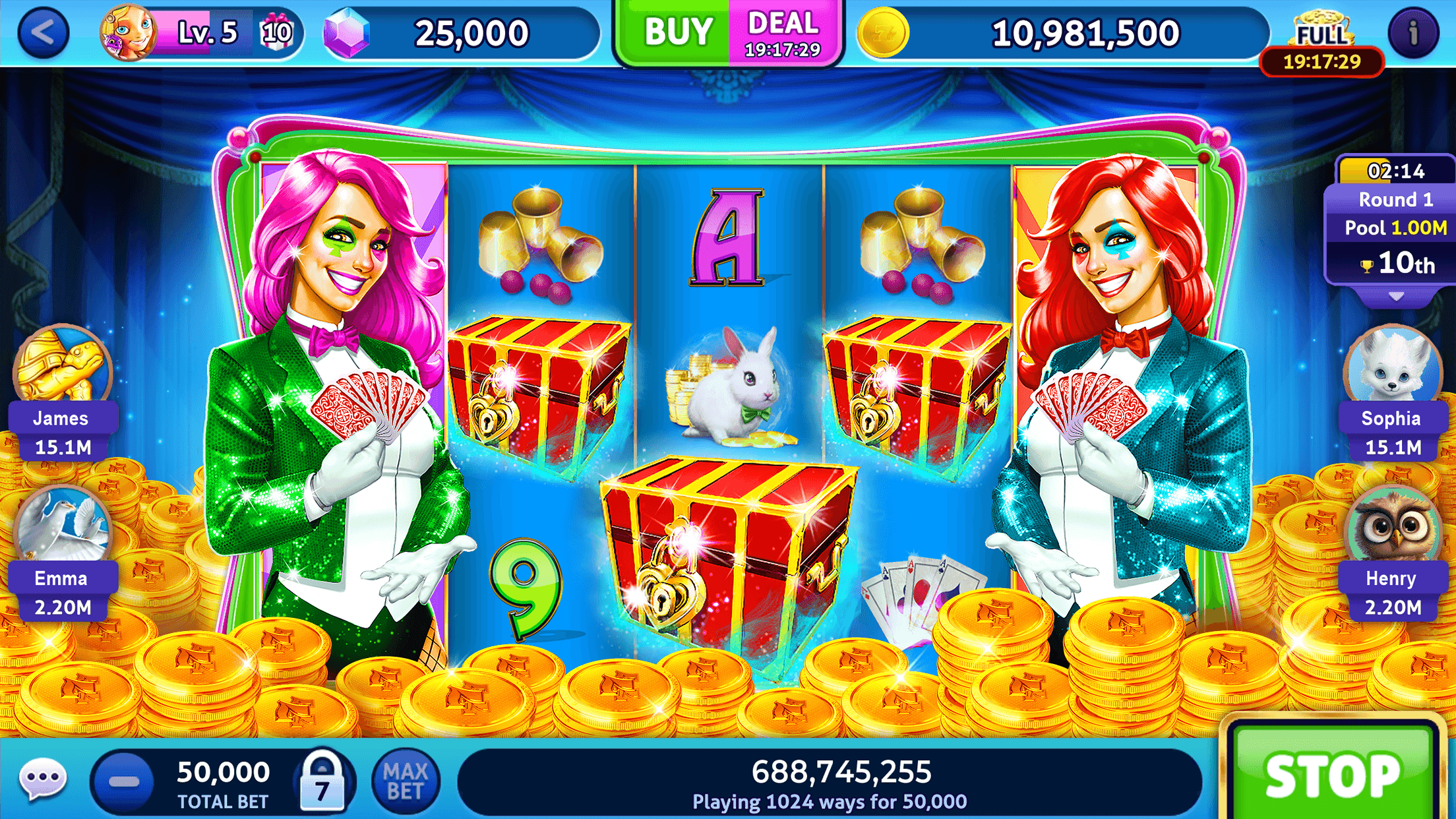 A Jackpot Madness machine with two card-holding magicians in green and teal jackets either side of reels of red gift boxes and a white rabbit, with Lv. 5, a gem balance of 25,000, BUY and DEAL buttons and a coin balance of 10,981,500 along the top, and other players' avatars down both sides