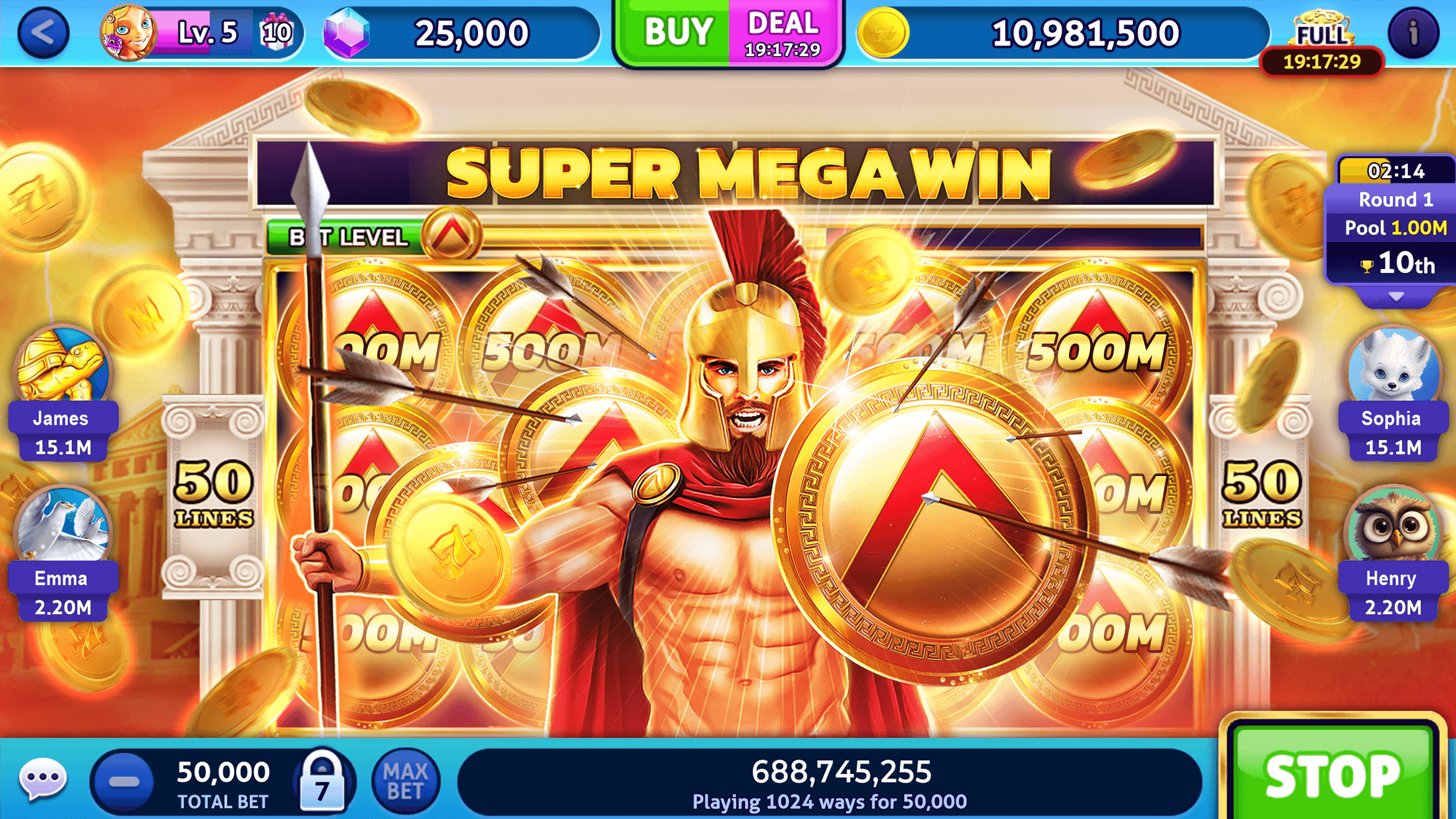 A Spartan-themed Jackpot Madness machine with a Super Mega Win banner across the top of the reels, a warrior holding a spear and a round shield, 50 Lines markers either side, other players' avatars down both sides and a total bet of 50,000 at the bottom left