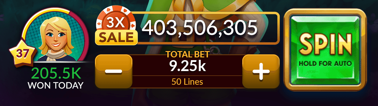 The bottom bar of a Jackpot Magic Slots machine: the player's avatar with a star reading 37 and 205.5K won today, the chip balance of 403,506,305 beside a 3X Sale badge, a total bet of 9.25k on 50 lines between minus and plus buttons, and the Spin button
