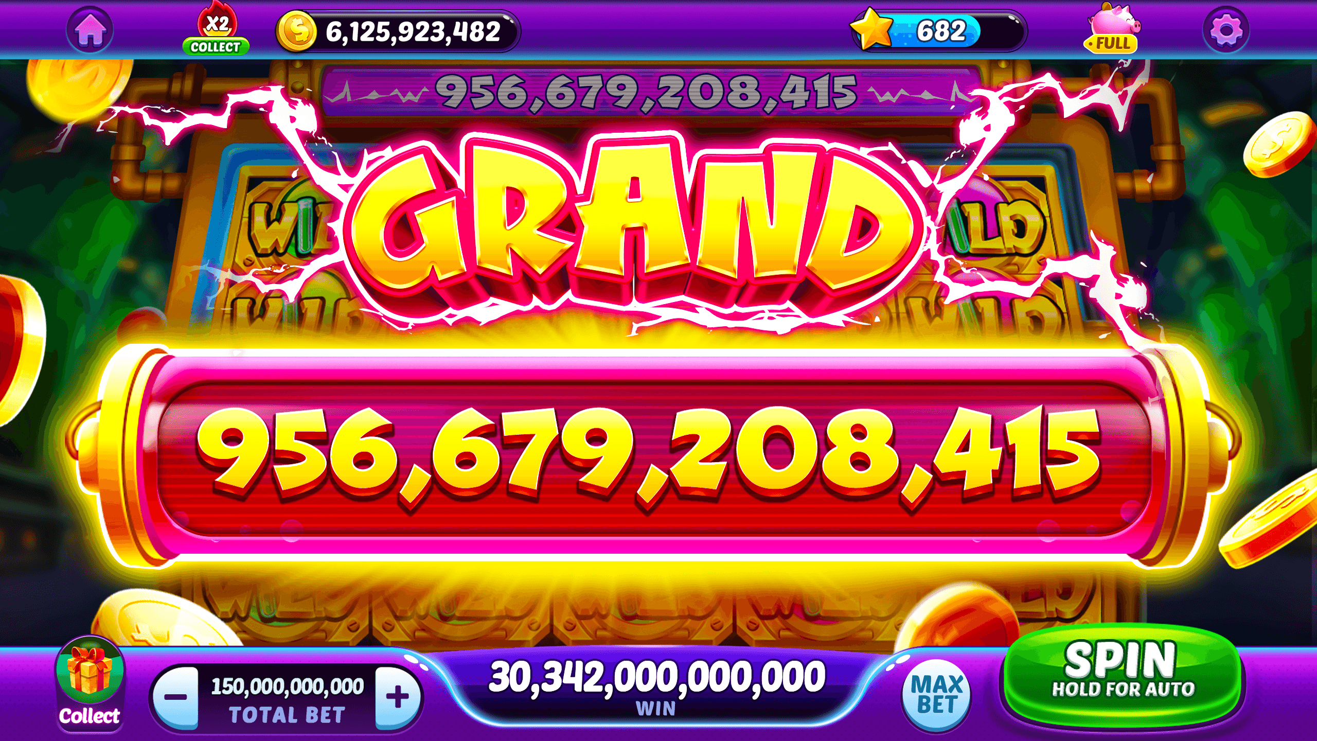 A Grand celebration in Jackpot Master Slots, the word GRAND in lightning above a banner reading 956,679,208,415 over a machine, with the coin balance of 6,125,923,482 and a level star of 682 along the top and the total bet, win and Spin button along the bottom