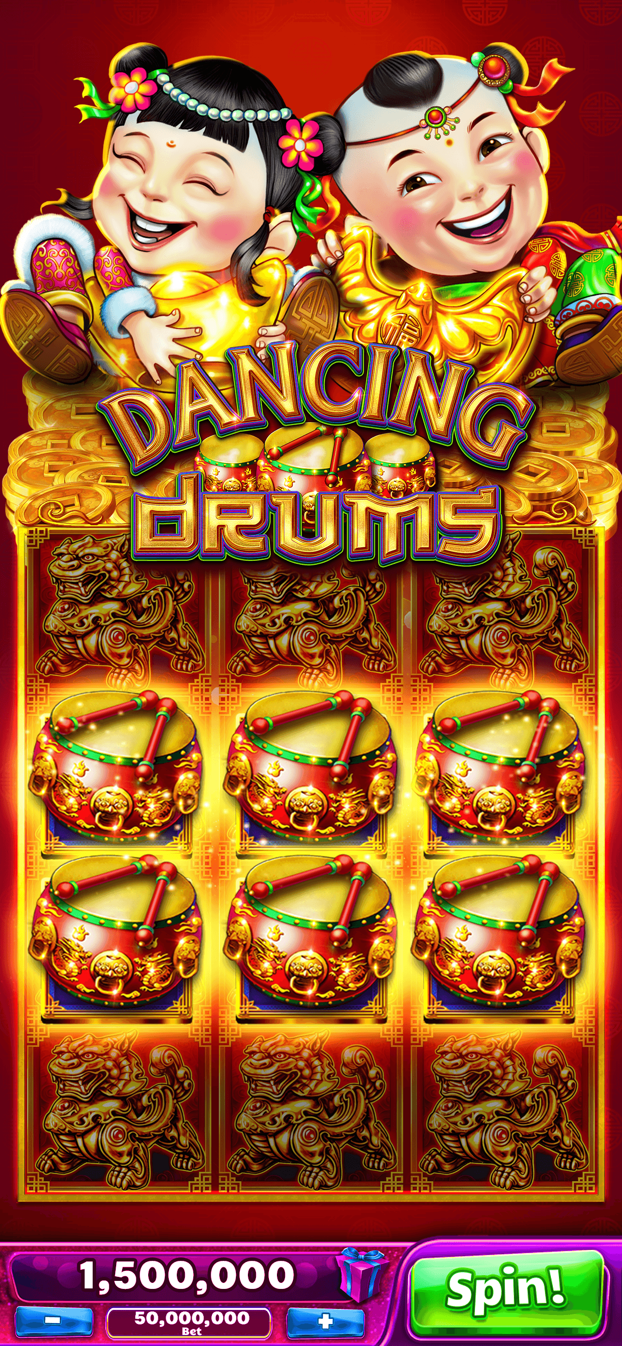 The Dancing Drums slot in Jackpot Party Casino, two laughing children above a grid of drum symbols, with the Spin! button at the bottom right