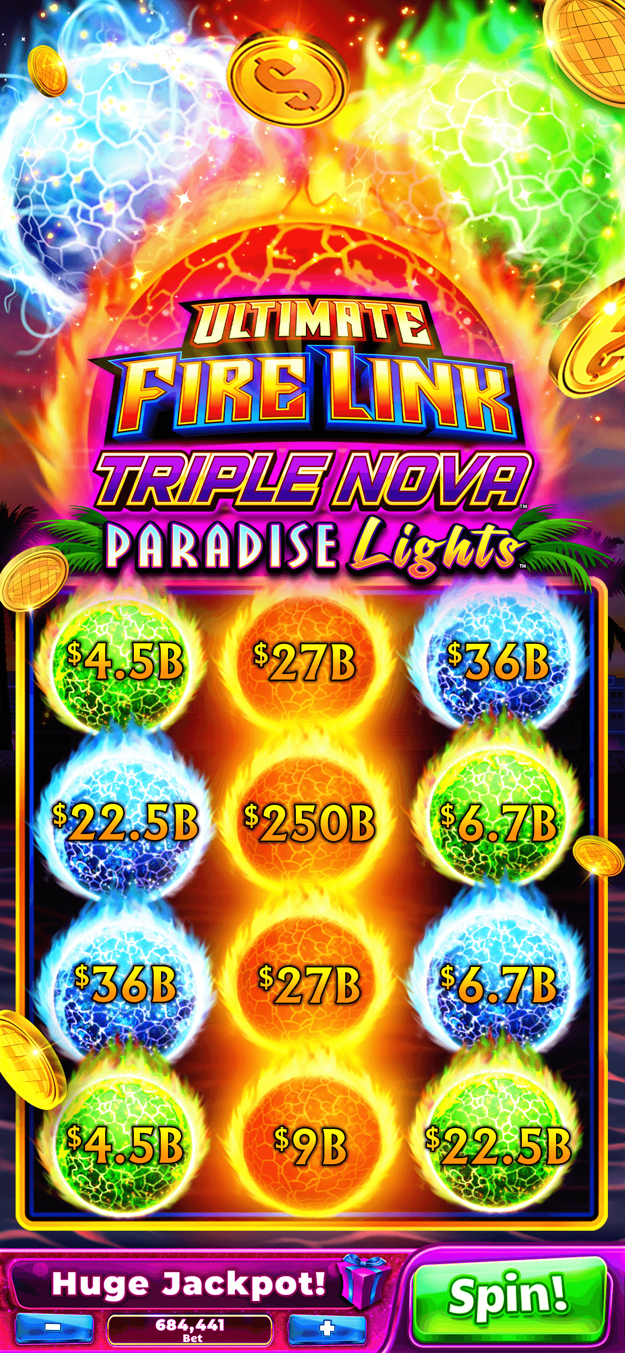Ultimate Fire Link Triple Nova in Jackpot Party Casino, twelve fireballs on the reels marked with amounts from $4.5B to $250B, with Huge Jackpot! showing at the bottom