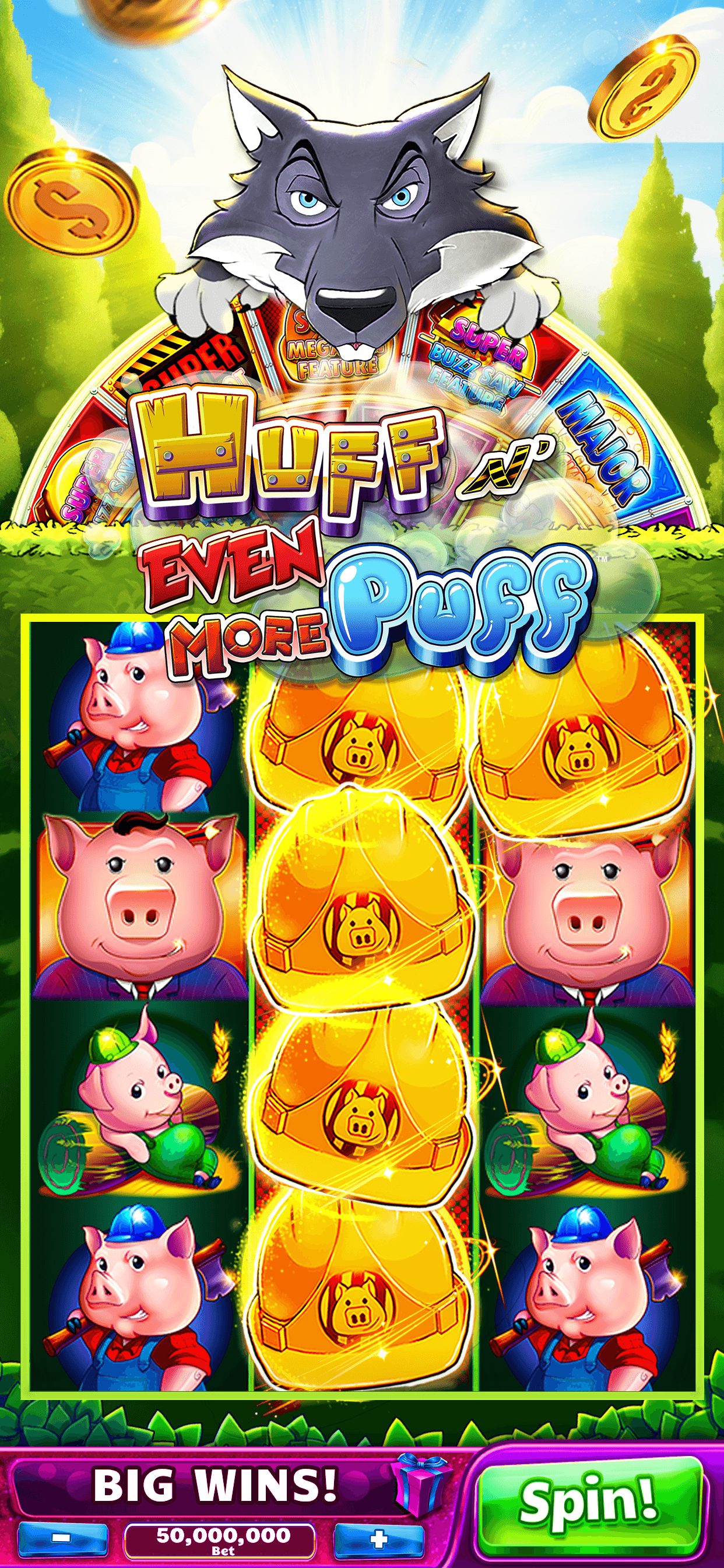 The Huff N Even More Puff slot in Jackpot Party Casino, its reels stacked with pig symbols and gold bags above a Spin button