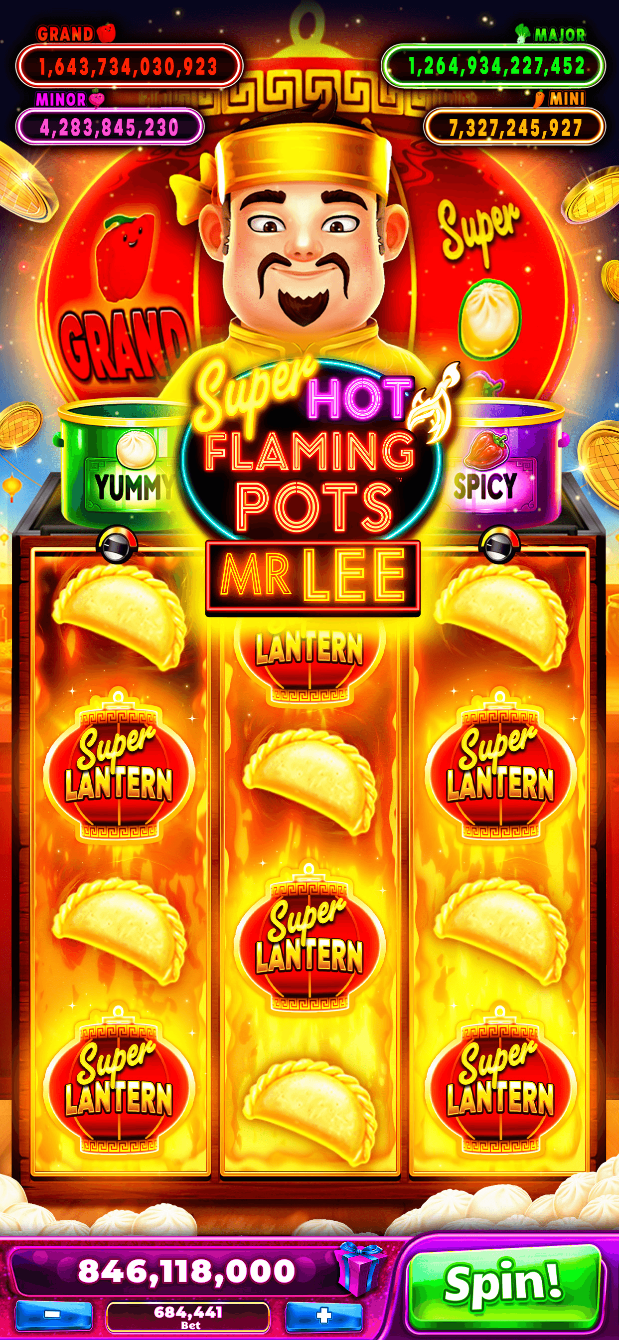 A Jackpot Party Casino slot showing Grand, Major, Minor and Mini jackpot totals across the top of the screen