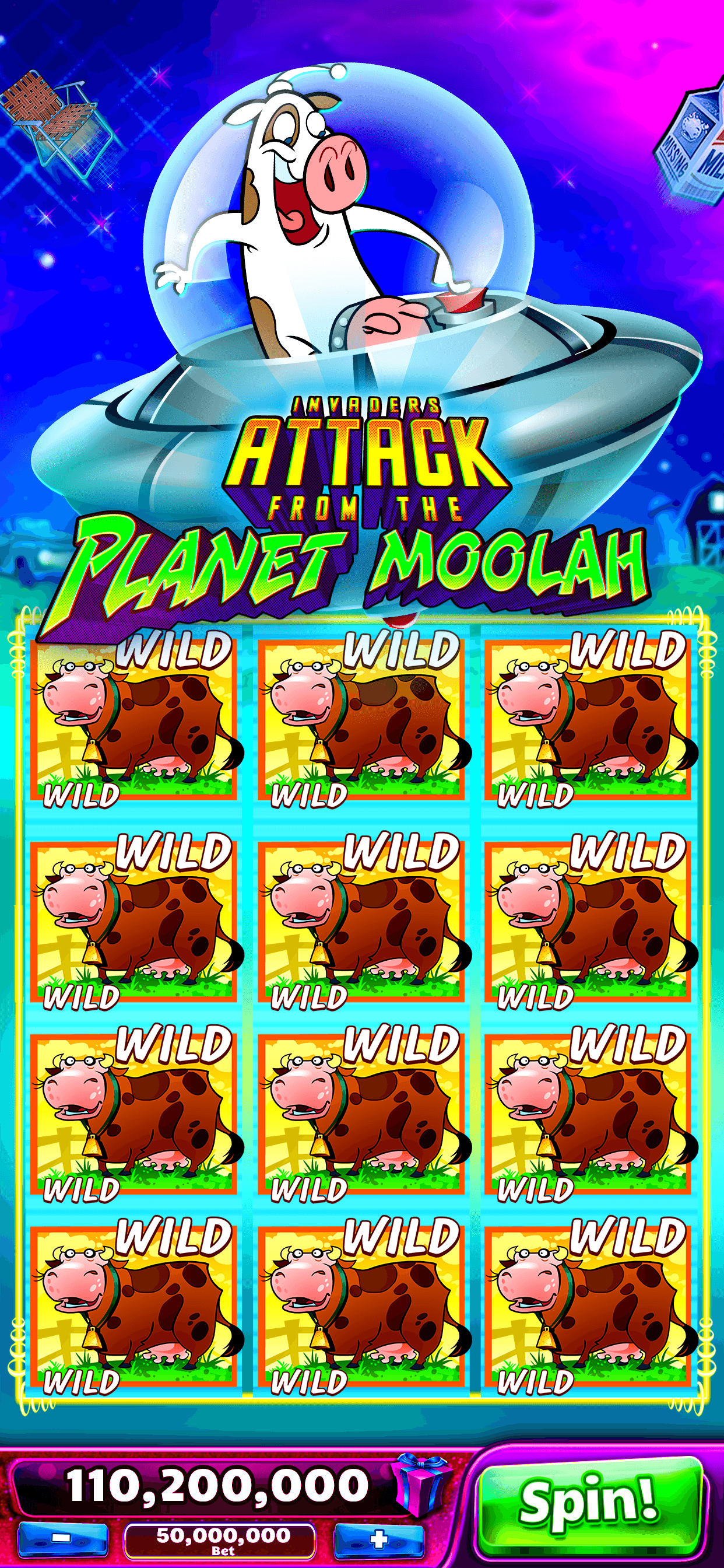 Invaders Attack from the Planet Moolah in Jackpot Party Casino, every position on the reels showing a wild cow, with a bet of 50,000,000 set at the bottom