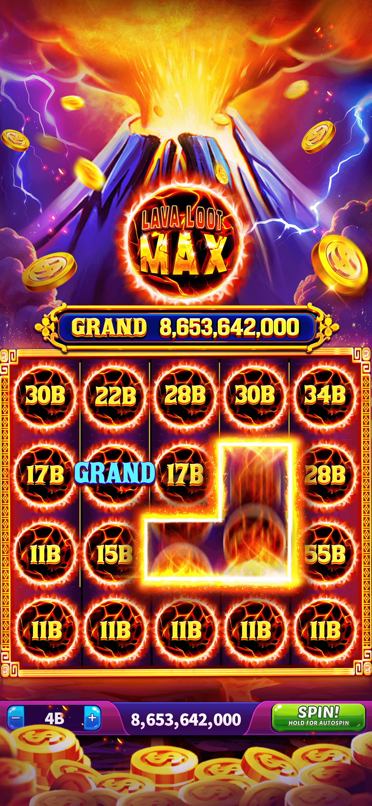 The Lava Loot Max machine in Jackpot Wins showing a Grand total of 8,653,642,000 above a grid of held coin values