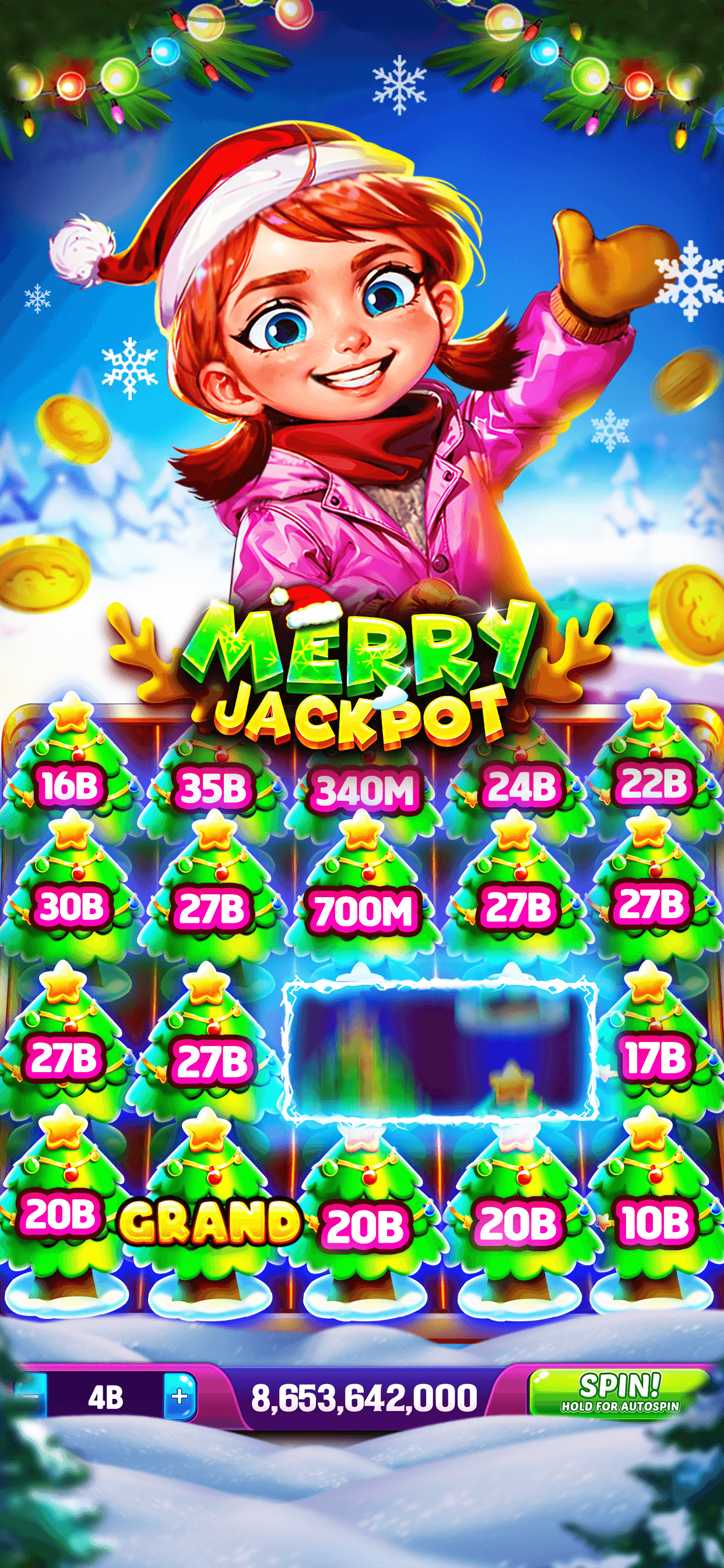 The Merry Jackpot machine in Jackpot Wins with a full grid of held coin values and Grand markers among them