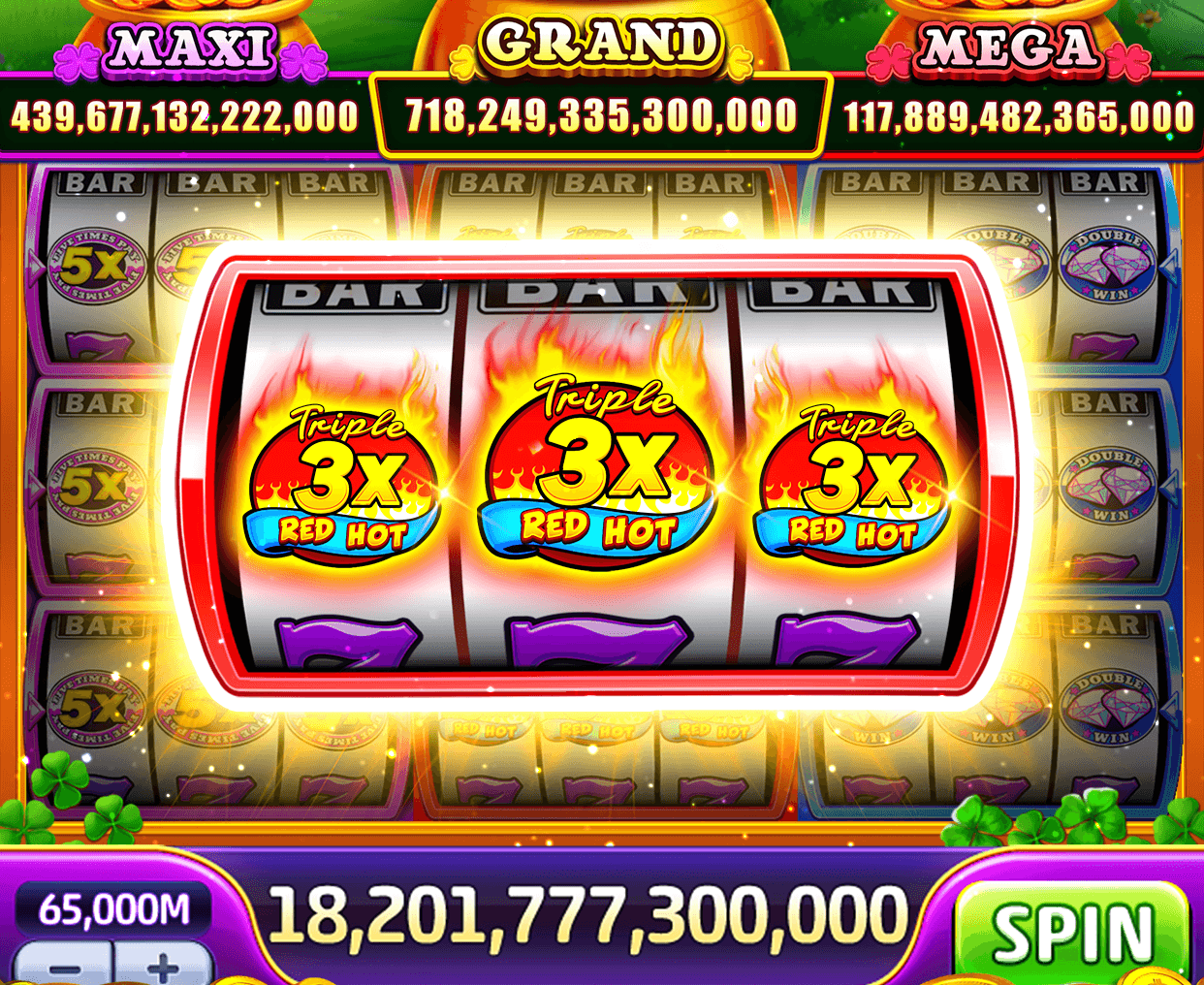 The Leprechaun Blast machine in Jackpot World, three Triple 3x Red Hot symbols on the reels under Maxi, Grand and Mega pots of 439,677,132,222,000, 718,249,335,300,000 and 117,889,482,365,000, with a bet of 65,000M above minus and plus buttons, a win of 18,201,777,300,000 and the Spin button along the bottom
