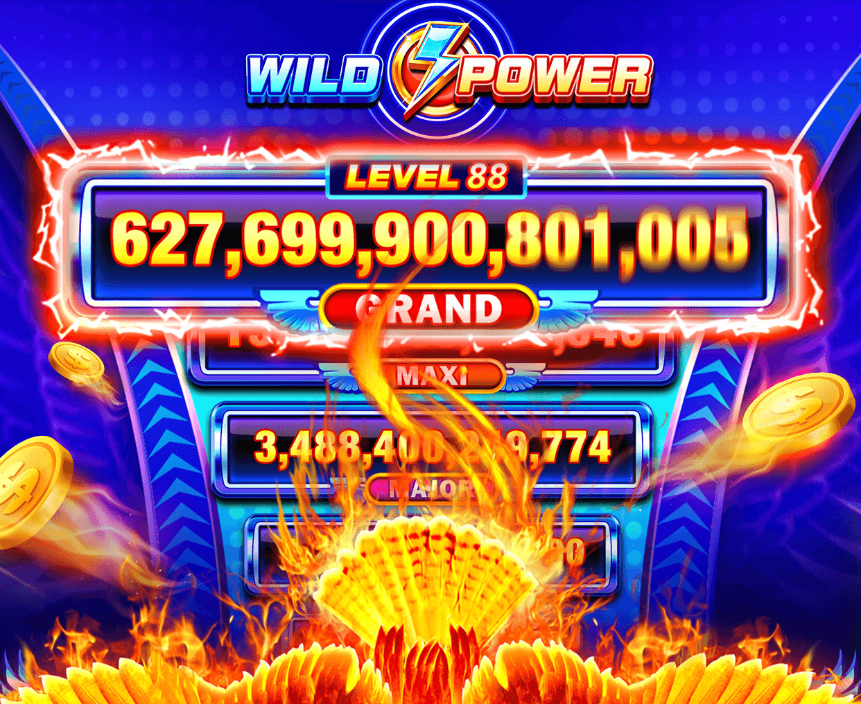 The top of the Wild Power machine in Jackpot World, a Level 88 Grand meter reading 627,699,900,801,005 inside a crackling red frame, with the Maxi and Major meters stacked below it behind the flames of a rising phoenix