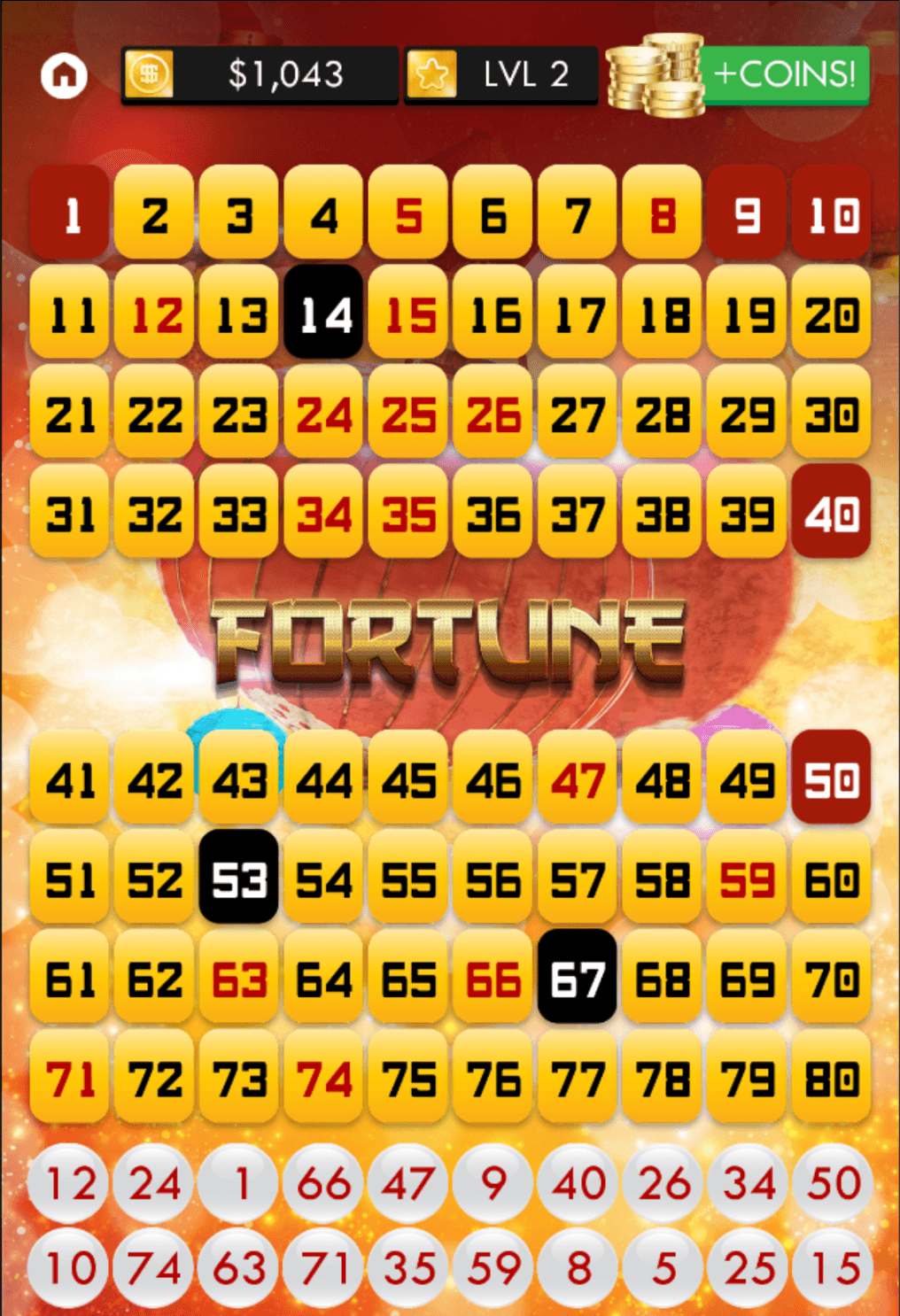 A Keno Empire Fortune board after a draw, numbers 1 to 80 in gold tiles with some marked in red and black, two rows of drawn balls along the bottom, and a balance of $1,043, LVL 2 and a +Coins! button along the top