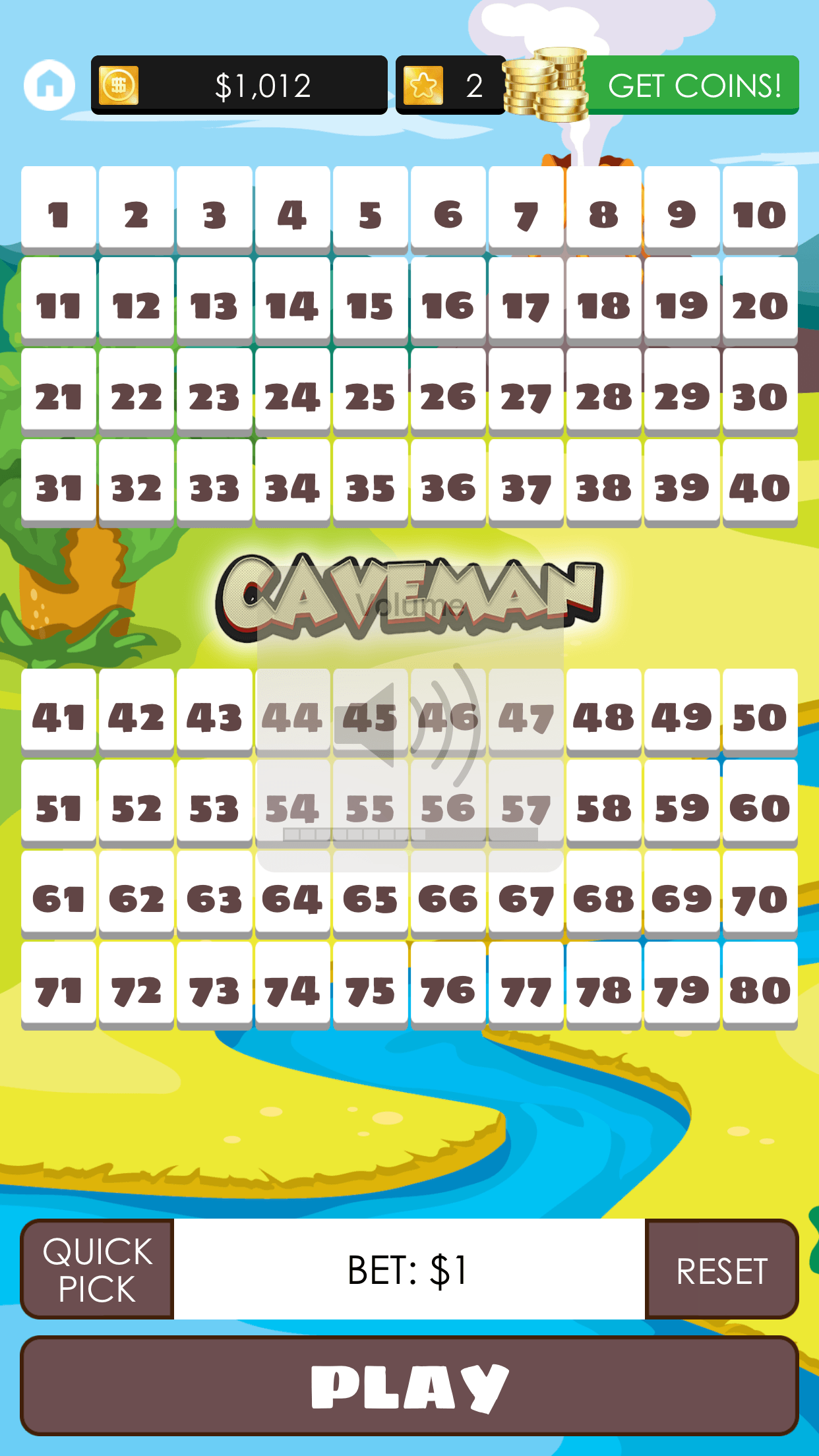 A Keno Empire board of numbers 1 to 80 with a Quick Pick button, a one dollar bet and a Play button