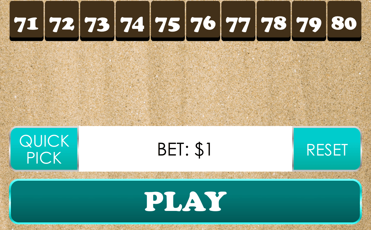 The bottom of a Keno Empire board, numbers 71 to 80 in brown tiles on a sandy background, above a Quick Pick button, a bet of $1, a Reset button and a wide Play button