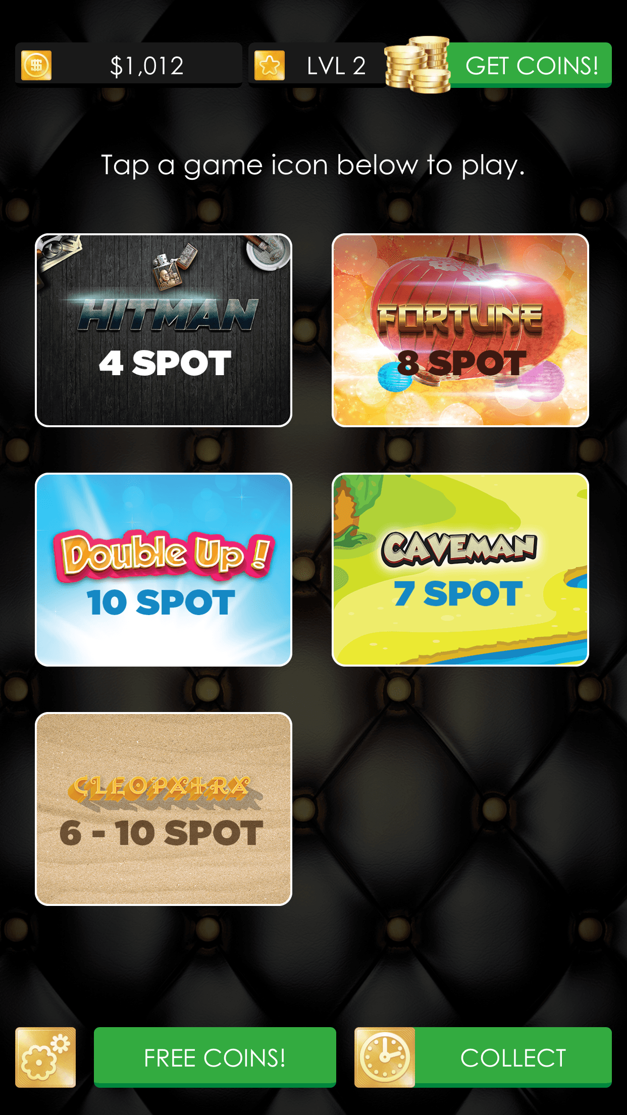 The Keno Empire game menu listing variants including Hitman 4 Spot, Fortune 8 Spot, Double Up 10 Spot and Caveman 7 Spot