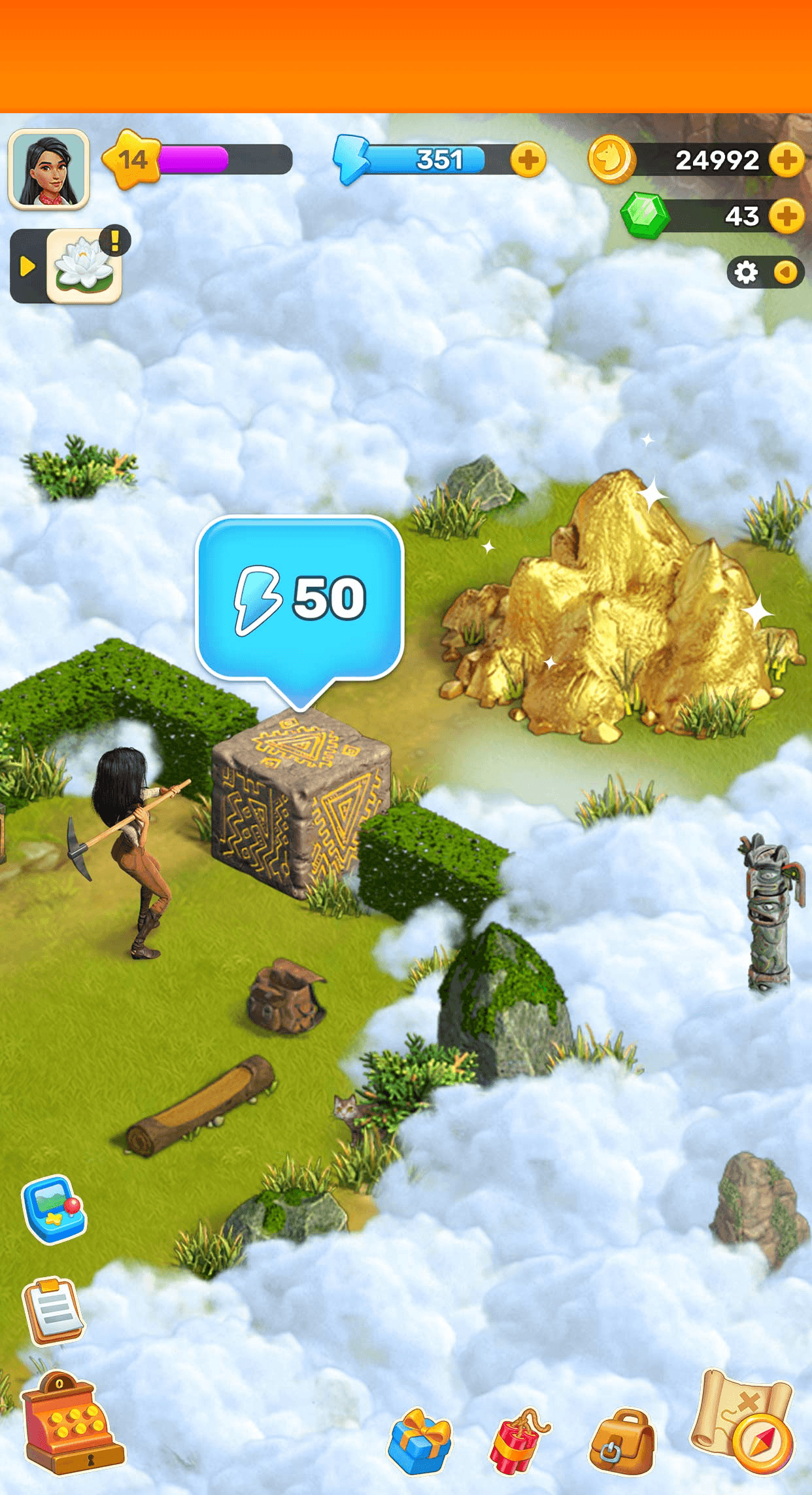 A Klondike obstacle showing an energy cost of 50 in a bubble beside it