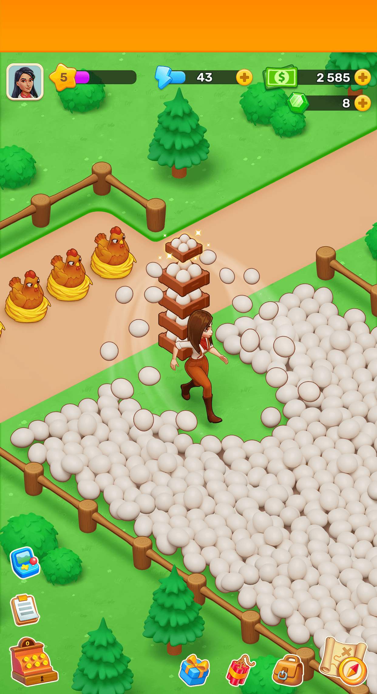 A Klondike farm with animals and stacked resources, and the energy, coin and gem counters along the top