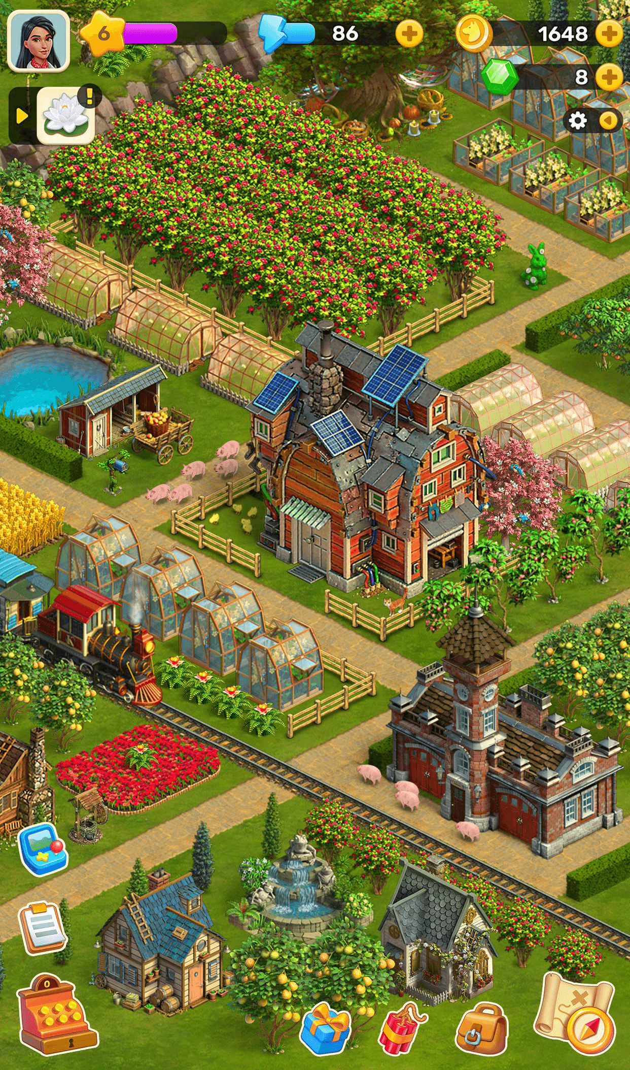 A Klondike homestead seen from above, orchards, greenhouses, a red farmhouse with solar panels, a railway line and a station, with the level star of 6, an Energy bar reading 86, 1,648 coins and 8 Emeralds along the top