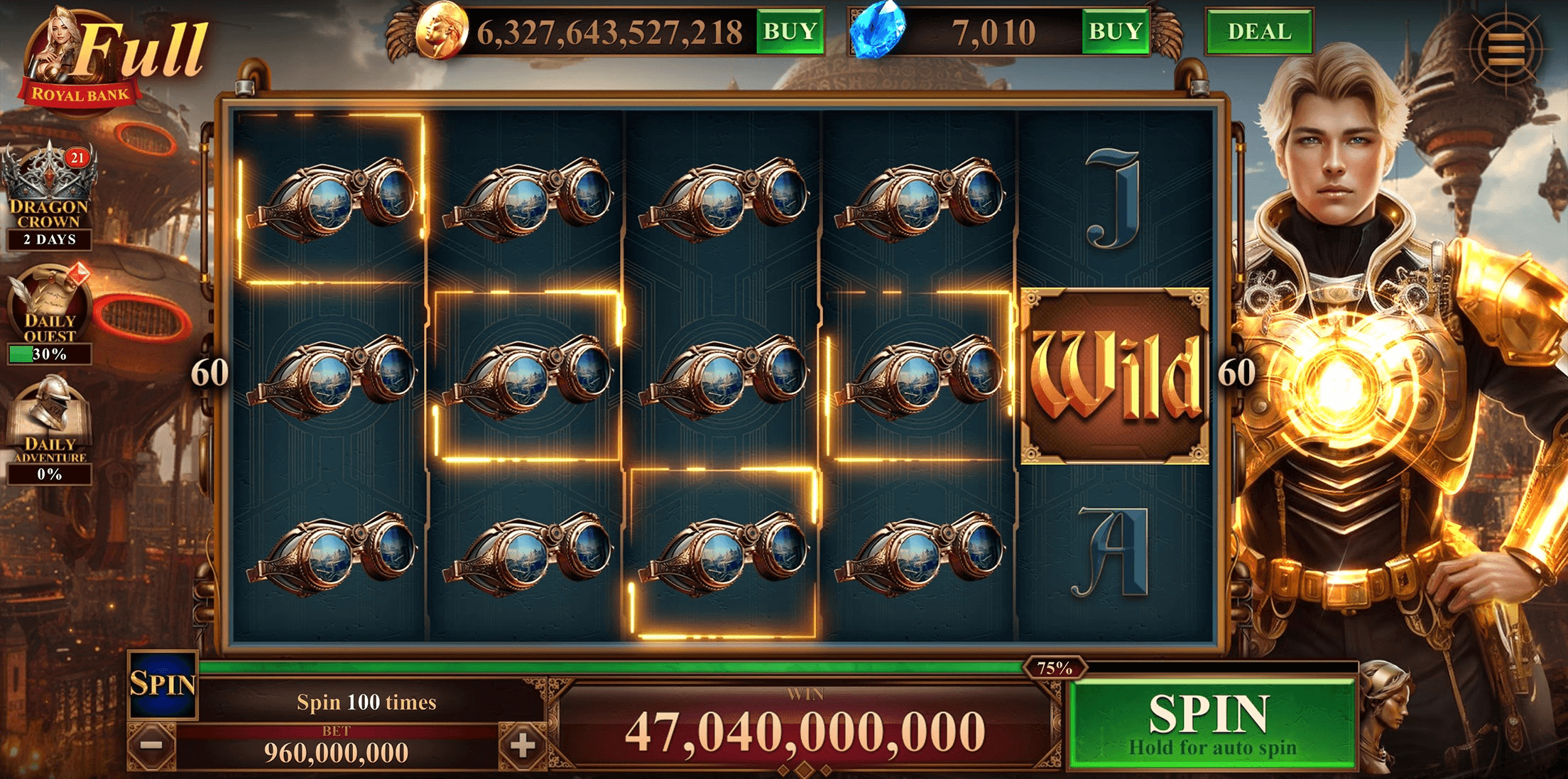 A steampunk Legendary Hero Slots machine with goggles and a Wild on the reels and an armoured hero beside them, with Royal Bank, Dragon Crown, a Daily Quest meter at 30% and Daily Adventure down the left, and a Spin 100 times mission at 75% above a bet of 960,000,000 at the bottom