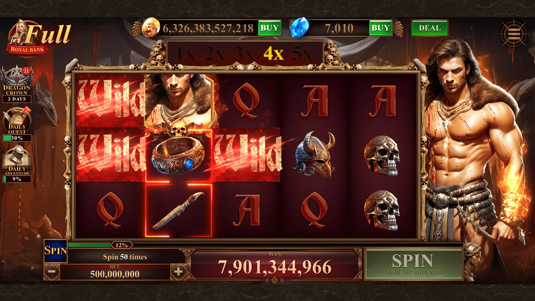 A Legendary Hero Slots machine with a hero figure standing beside the reels and a 4x multiplier above them
