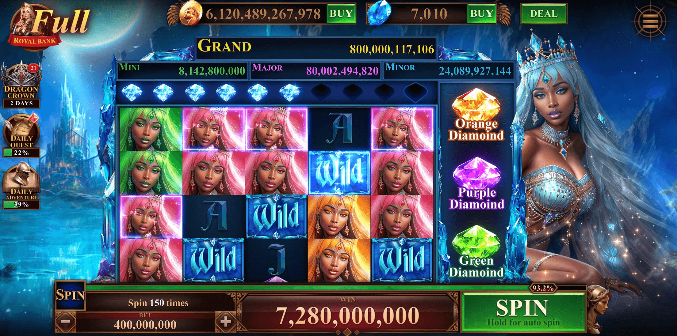 A Legendary Hero Slots machine with portrait and Wild symbols on the reels beside a crowned ice queen, Orange, Purple and Green Diamond prizes down the right of the reels, a Grand jackpot of 800,000,117,106 above them, and a bet of 400,000,000 and a win of 7,280,000,000 at the bottom