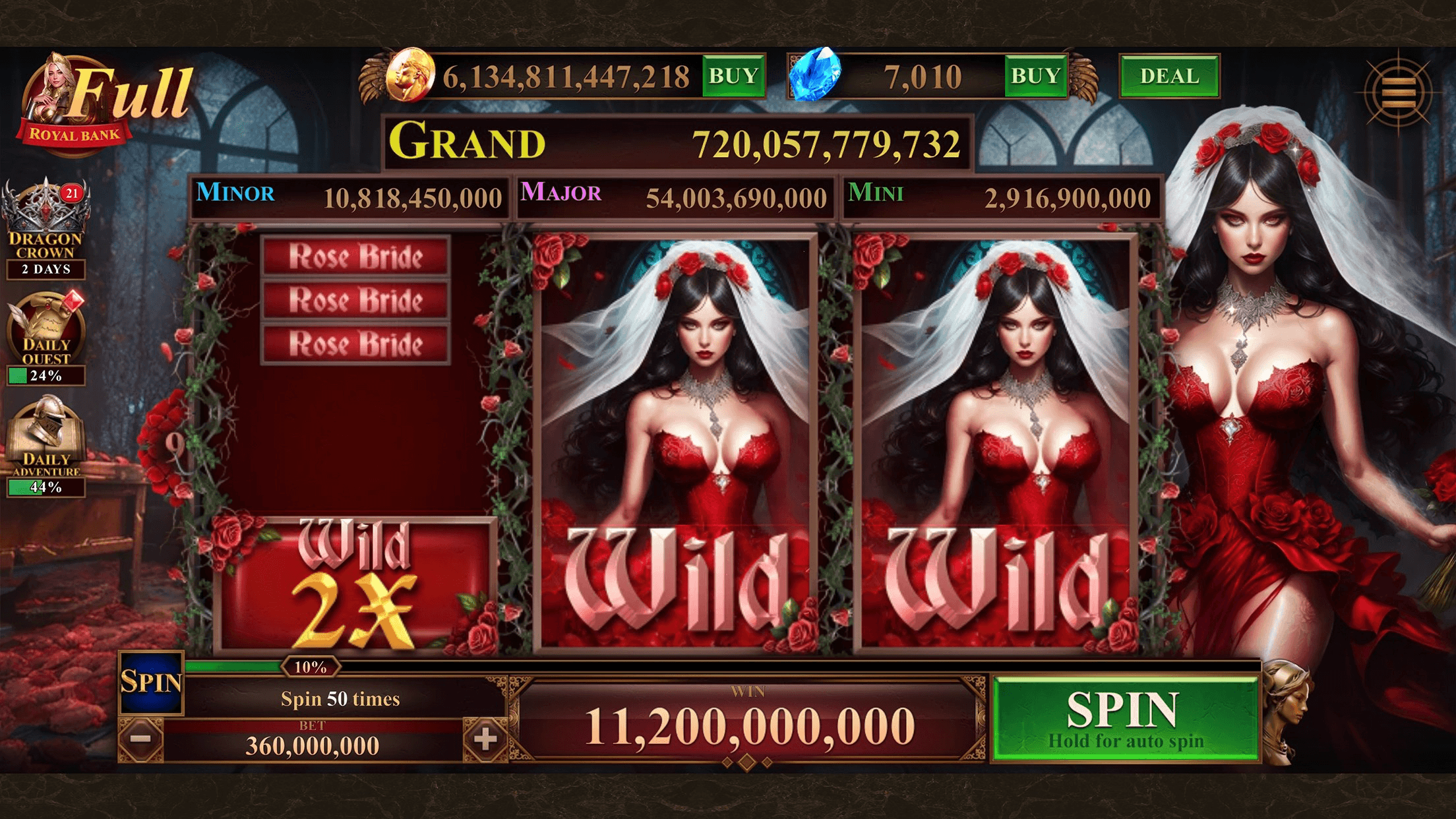 The Rose Bride slot in Legendary Hero Slots with Grand, Major, Minor and Mini jackpot totals above the reels