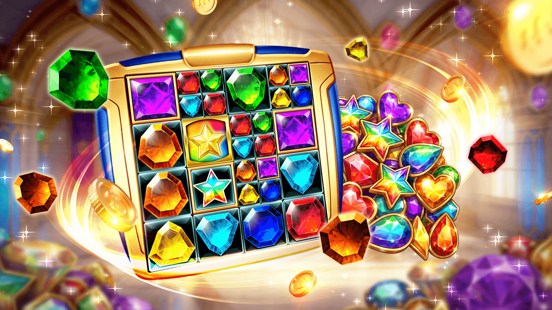 A gem-themed Let's Vegas Slots machine with coloured gem symbols across the reels