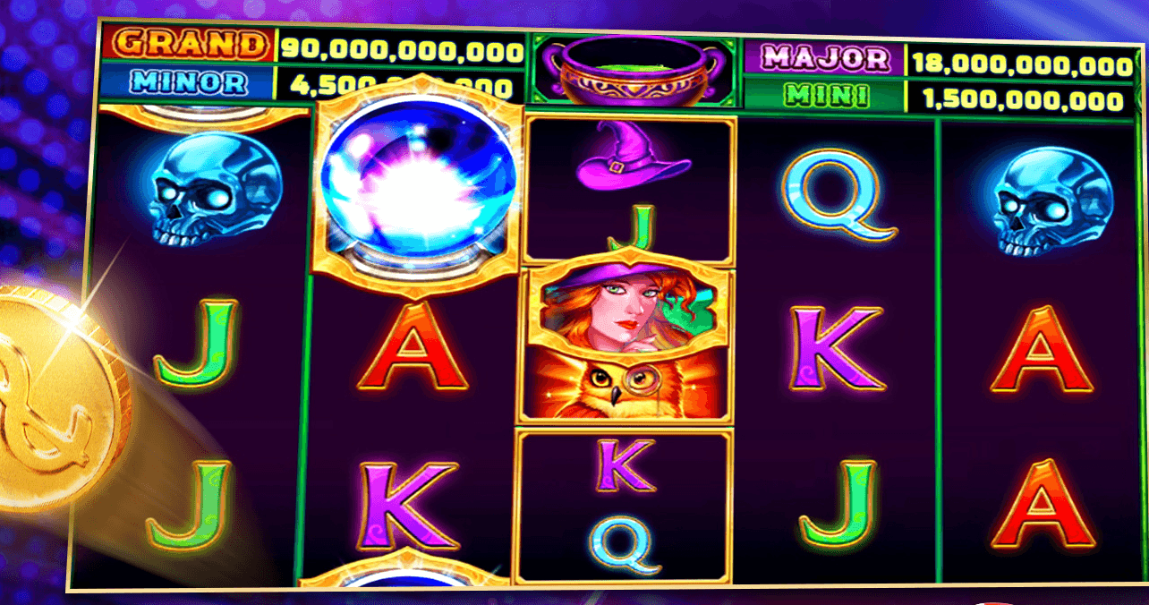A witch-themed machine in Let's Vegas Slots, a crystal ball, a witch and an owl on the reels among skulls and card symbols, under a Grand jackpot of 90,000,000,000, a Major of 18,000,000,000, a Mini of 1,500,000,000 and a Minor partly hidden by the crystal ball, with a gold coin flying past the left edge