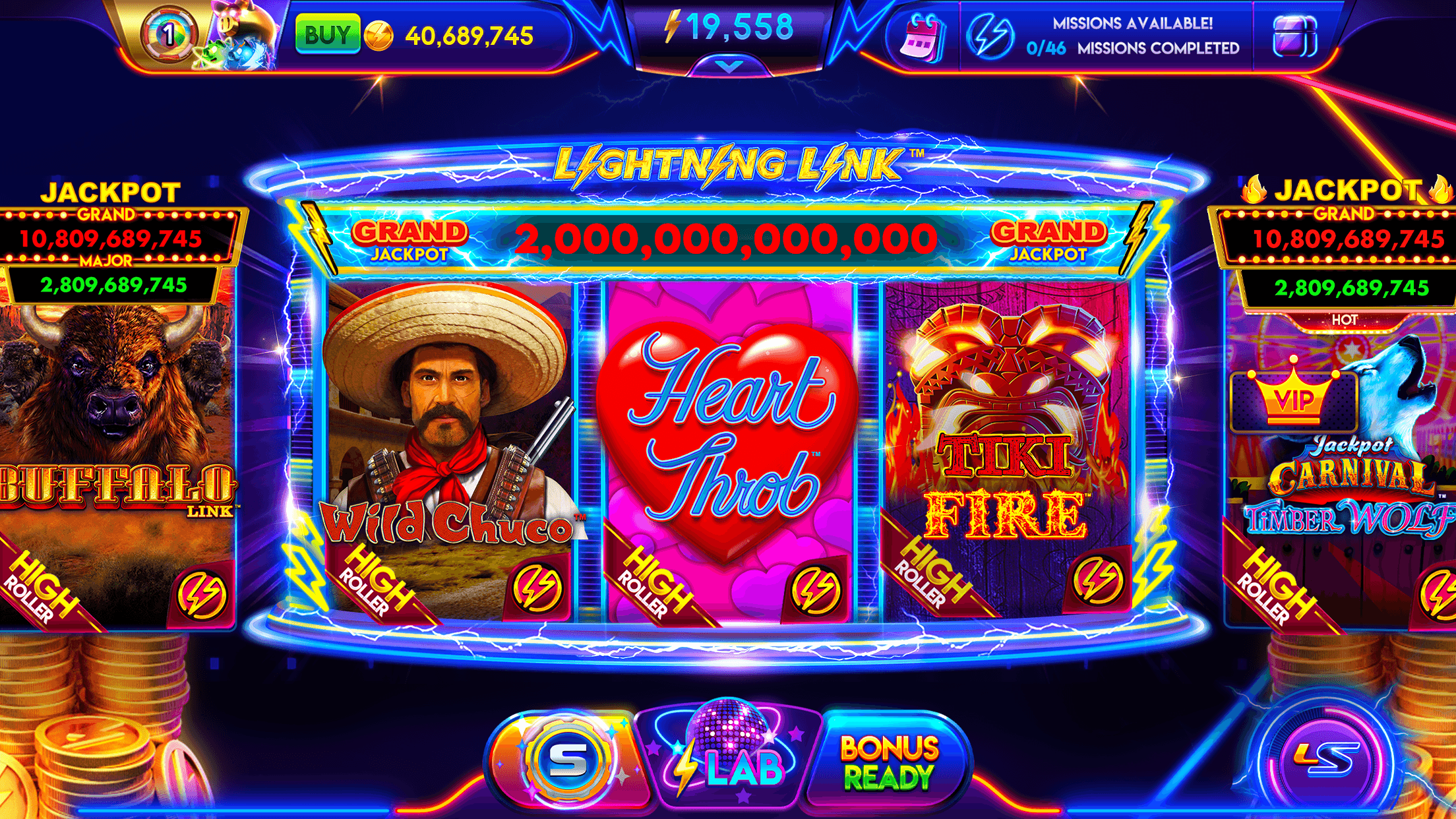 The Lightning Link Casino Slots lobby, a Lightning Link bank of Wild Chuco, Heart Throb and Tiki Fire under a Grand Jackpot of 2,000,000,000,000, with Buffalo Link and Jackpot Carnival Timber Wolf either side, a coin balance of 40,689,745 at the top and a Lab button at the bottom