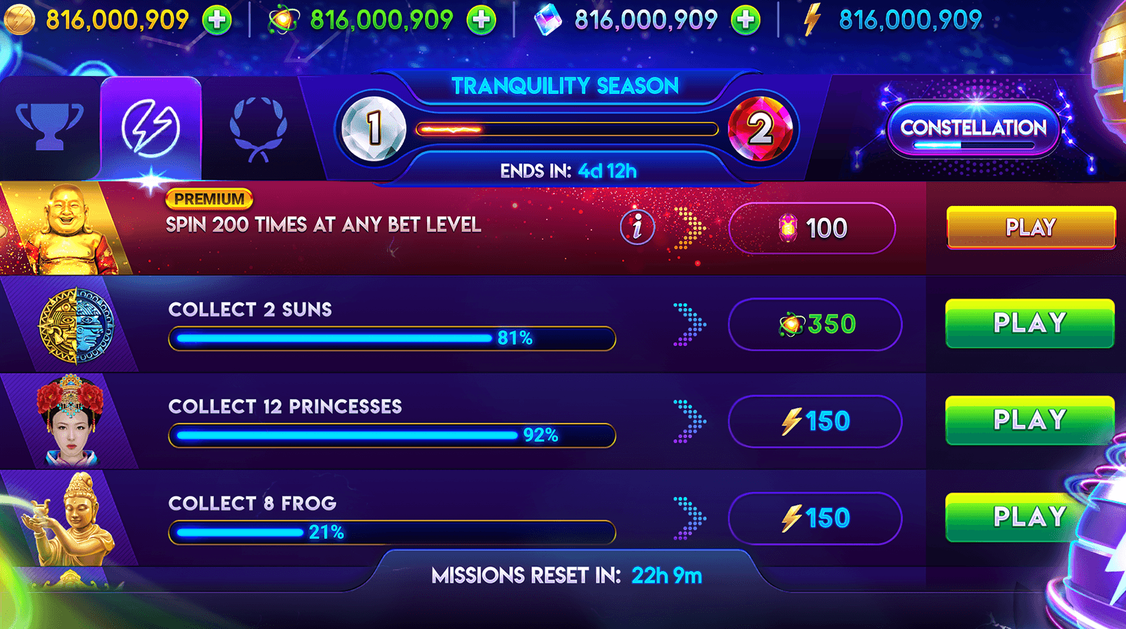 The Tranquility Season panel in Lightning Link Casino Slots, a level track from 1 to 2 ending in 4d 12h and a Constellation button, above four missions: spin 200 times at any bet level, collect 2 suns at 81%, collect 12 princesses at 92% and collect 8 frog at 21%, each with a reward and a Play button