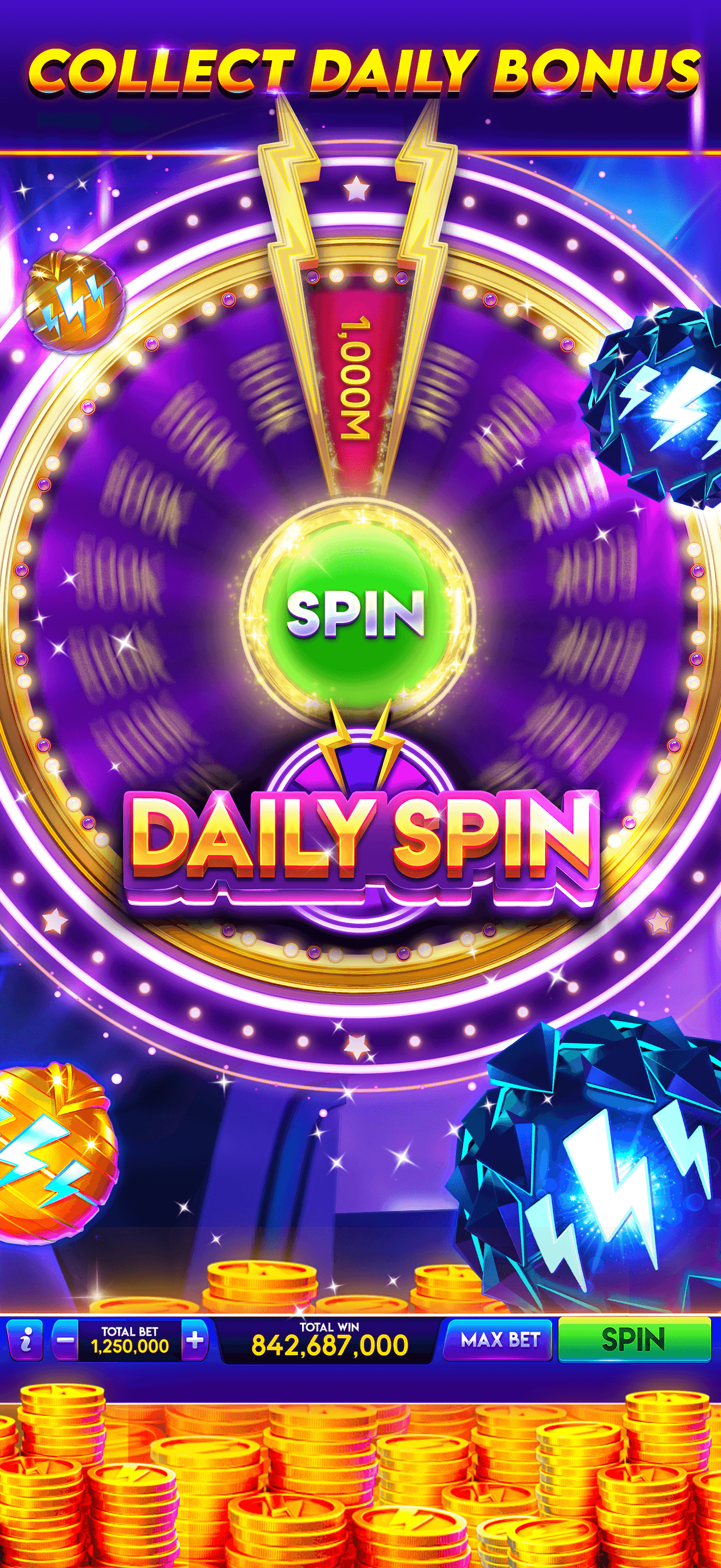 The Lightning Link Casino daily bonus wheel under a Collect Daily Bonus header