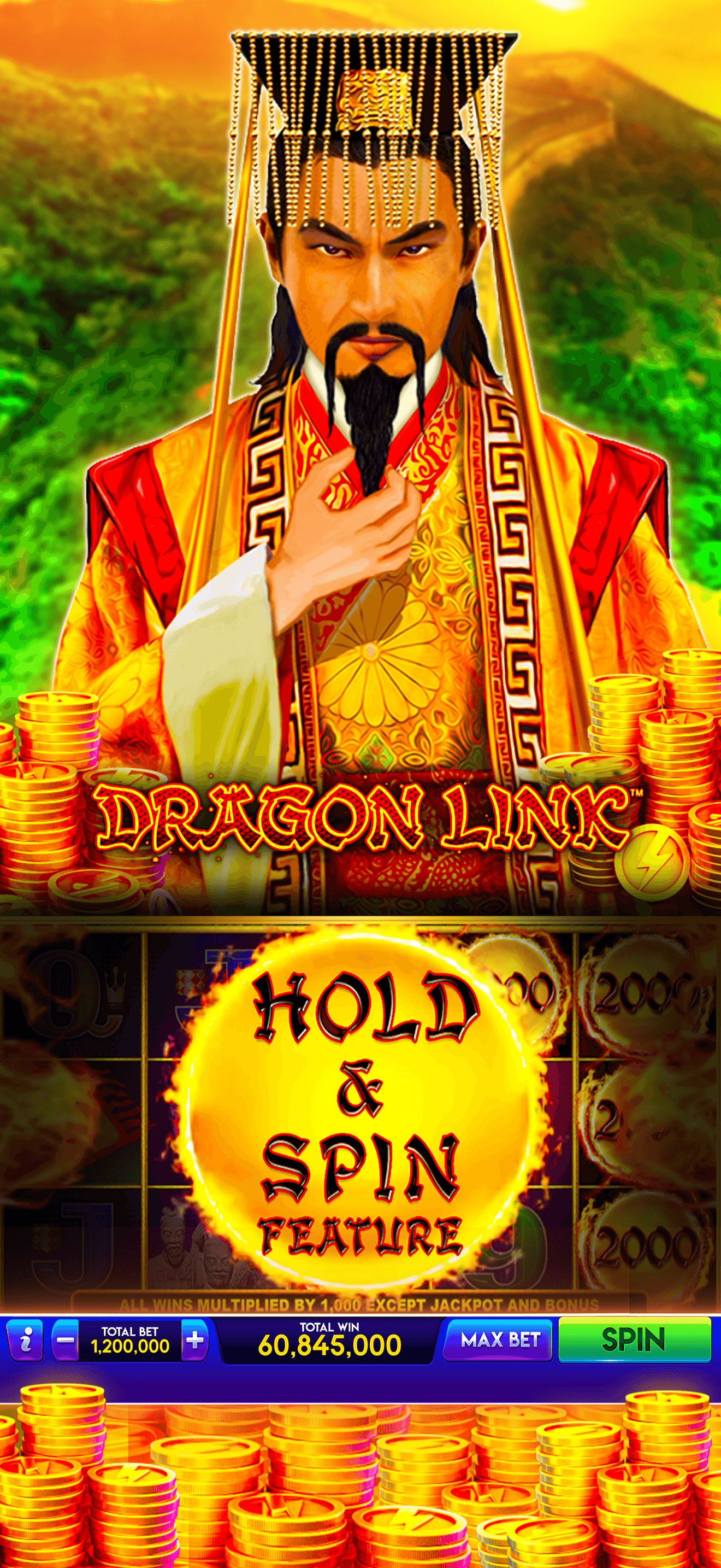 The Dragon Link machine in Lightning Link Casino showing a Hold and Spin feature panel over the reels