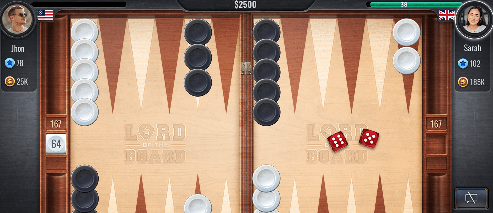 A Backgammon Lord of the Board match with checkers on the points, two dice rolled and both players' names, stars and coin balances at the sides