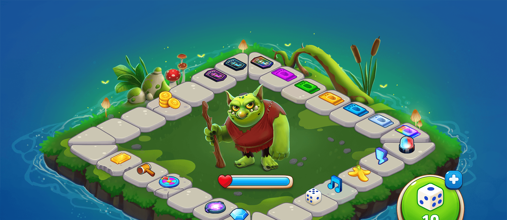 A Lord of the Board quest board laid out as a ring of tiles around a troll, with a dice counter in the corner