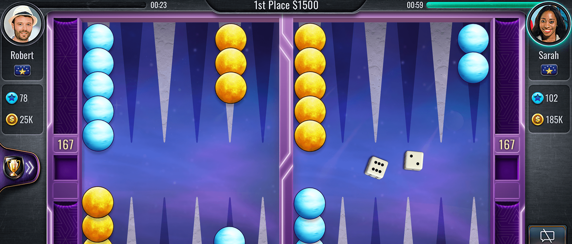A Lord of the Board match on a purple space-themed board with blue and gold checkers and two dice in play, the players' avatars and coin balances either side and 1st Place $1500 across the top