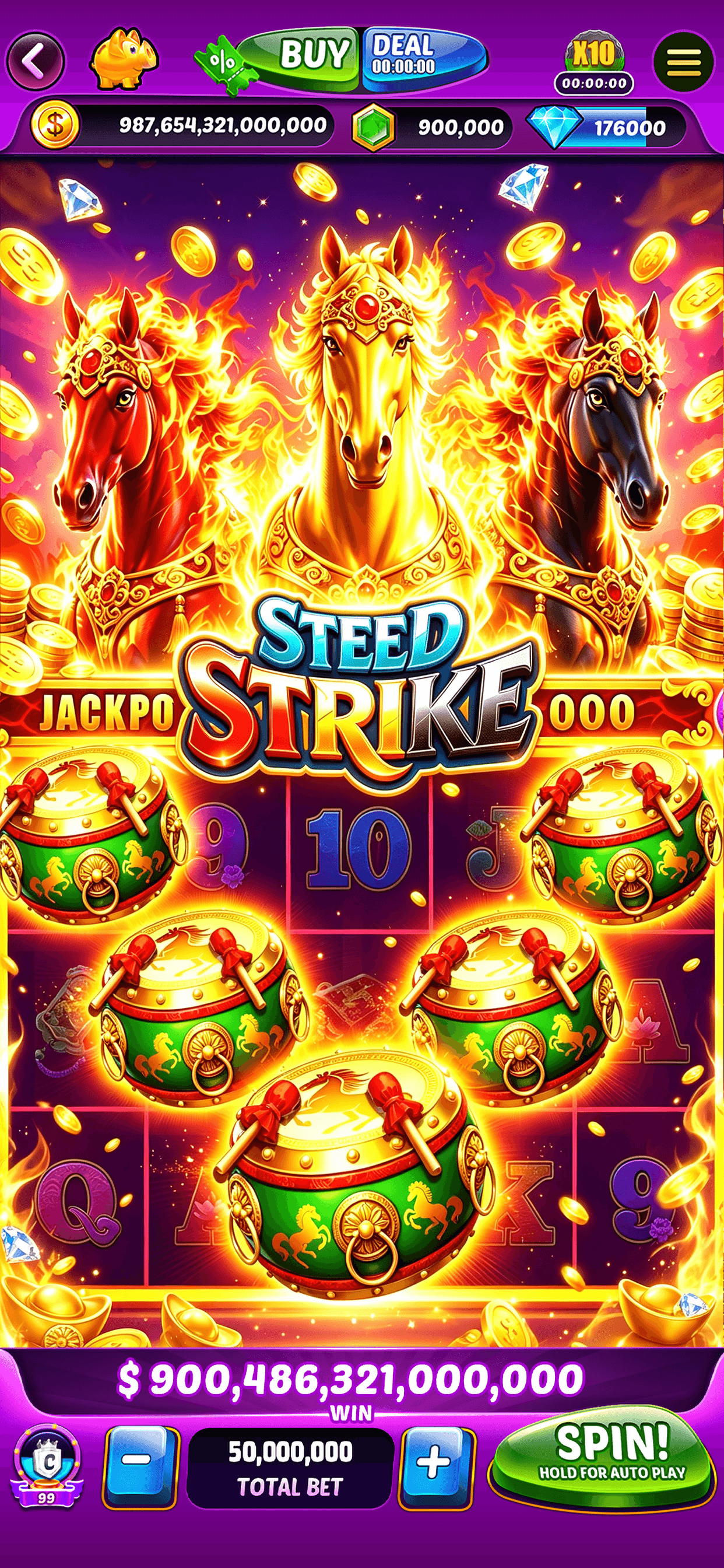 The Steed Strike slot in Lotsa Slots with held pot symbols across the reels and the coin and gem balances along the top