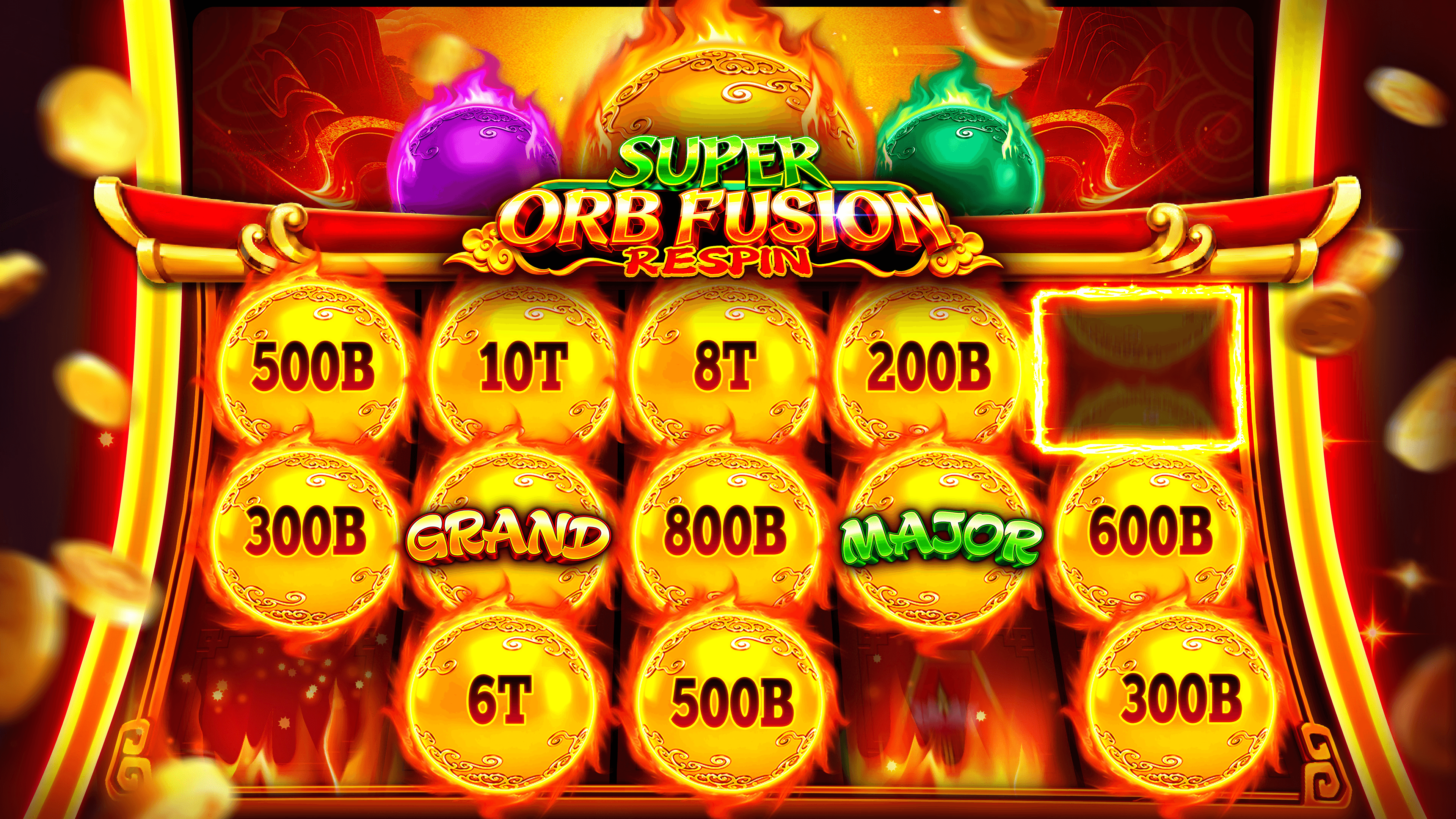 The Super Orb Fusion Respin feature in Lotsa Slots, flaming gold orbs across the reels marked 500B, 10T, 8T, 200B, 300B, 800B, 600B, 6T and 500B, with Grand and Major orbs among them and purple and green orbs above the title