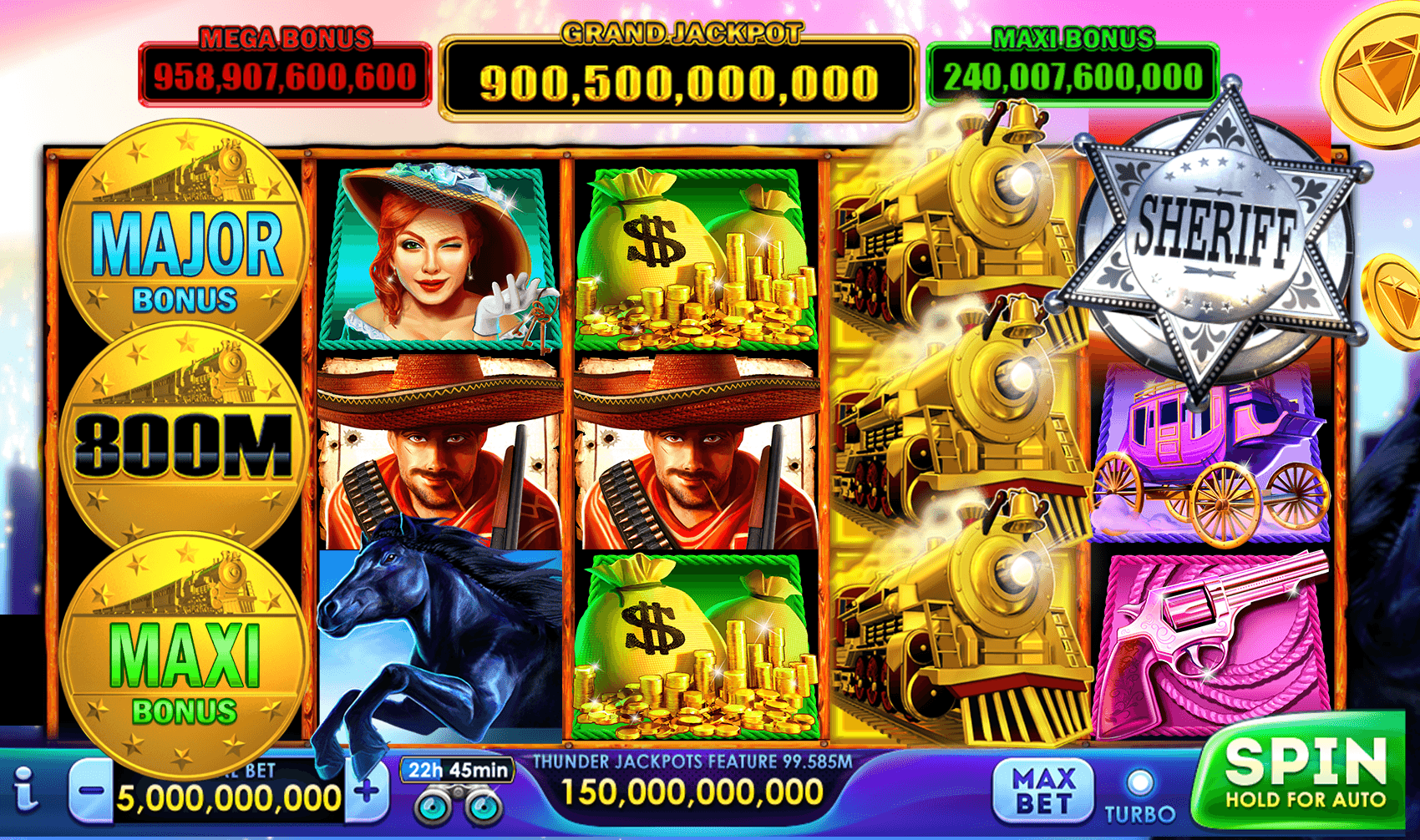 A western-themed Lucky Time Slots machine under a Grand Jackpot of 900,500,000,000, a Mega Bonus of 958,907,600,600 and a Maxi Bonus of 240,007,600,000, with Major, 800M and Maxi coins down the first reel, a sheriff's badge over the top right corner and a total bet of 5,000,000,000 at the bottom