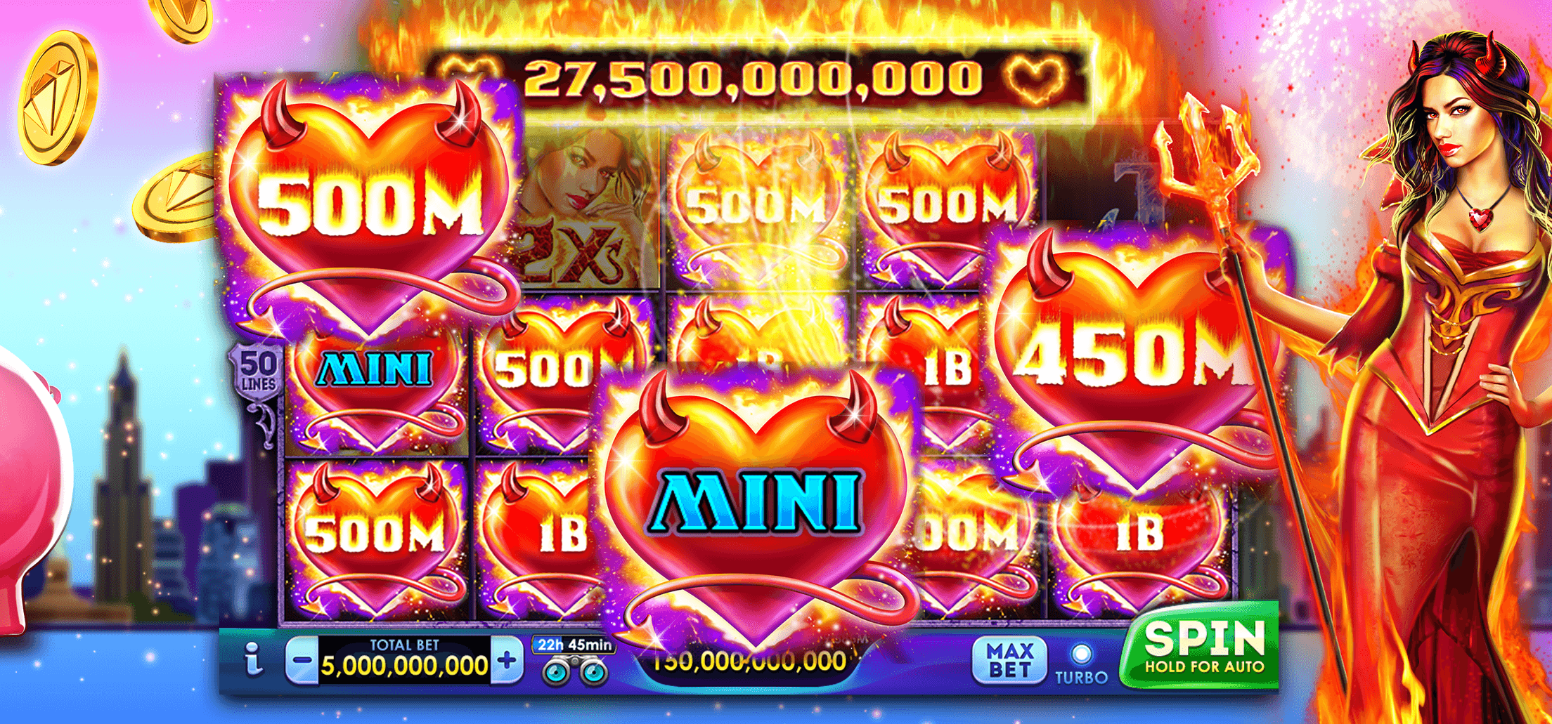 A Lucky Time Slots bonus with held heart symbols carrying values of 500M and 450M and a Mini jackpot marker
