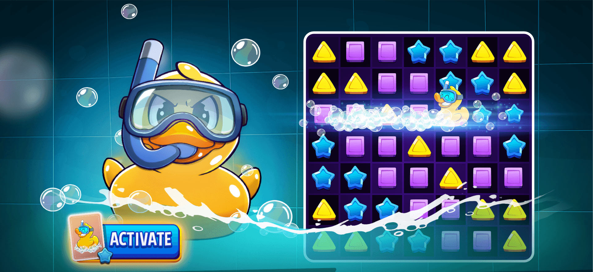 A Match Masters booster in action, a rubber duck in a snorkel mask splashing through the water beside a board of triangles, squares and stars as a wave clears a row, with its Activate card at the bottom left