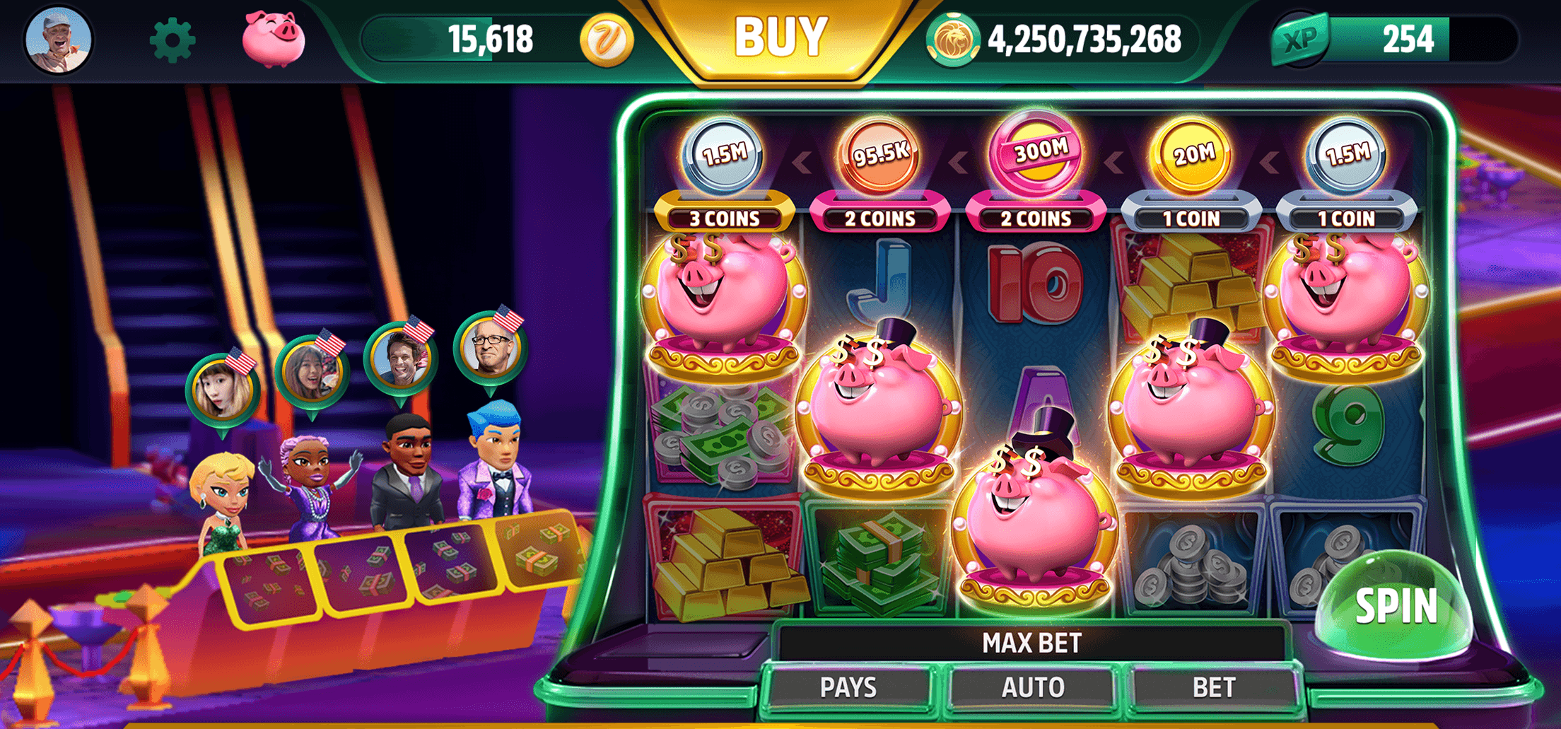 A slot machine in MGM Slots Live with held coin symbols across the reels and the chip and loyalty point balances along the top