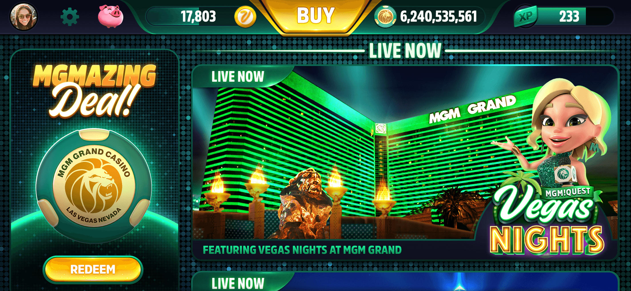 The MGM Slots Live lobby with an MGMazing Deal! panel showing an MGM Grand Casino chip above a Redeem button, beside a Live Now banner of the MGM Grand hotel featuring Vegas Nights, with the Chip balance of 6,240,535,561 along the top