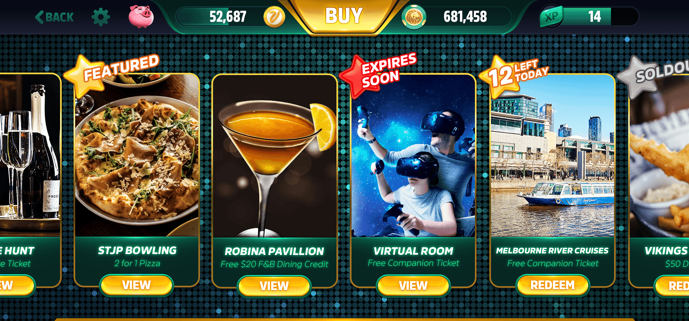 The MGM Slots Live rewards catalogue listing real venues and experiences with View and Redeem buttons