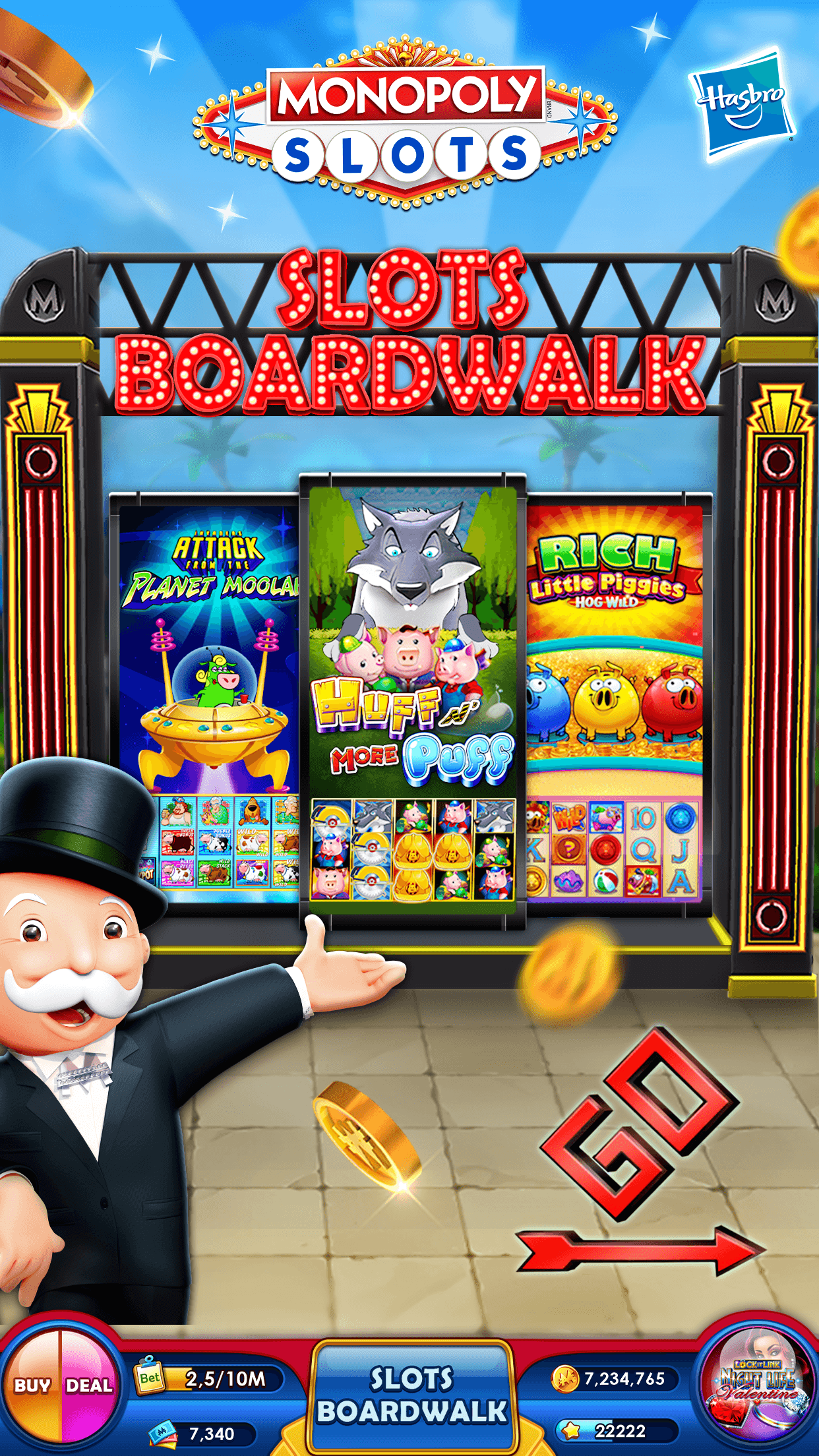 The Slots Boardwalk lobby in MONOPOLY Slots showing machine tiles including Attack from Planet Moolah and Huff N More Puff