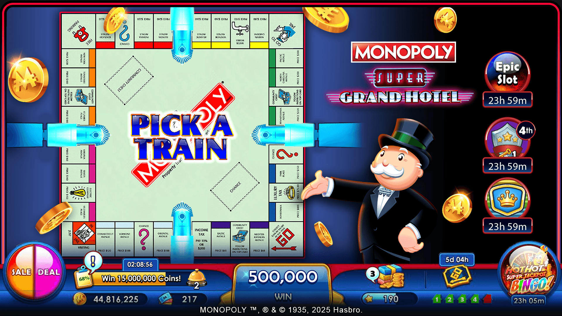 The Pick a Train bonus in MONOPOLY Slots, a classic MONOPOLY board with glowing trains at the four railroad spaces and Mr. Monopoly beside the Super Grand Hotel logo, with a quest to win 15,000,000 Coins at 68%, a Coin balance of 44,816,225 and a win of 500,000 along the bottom