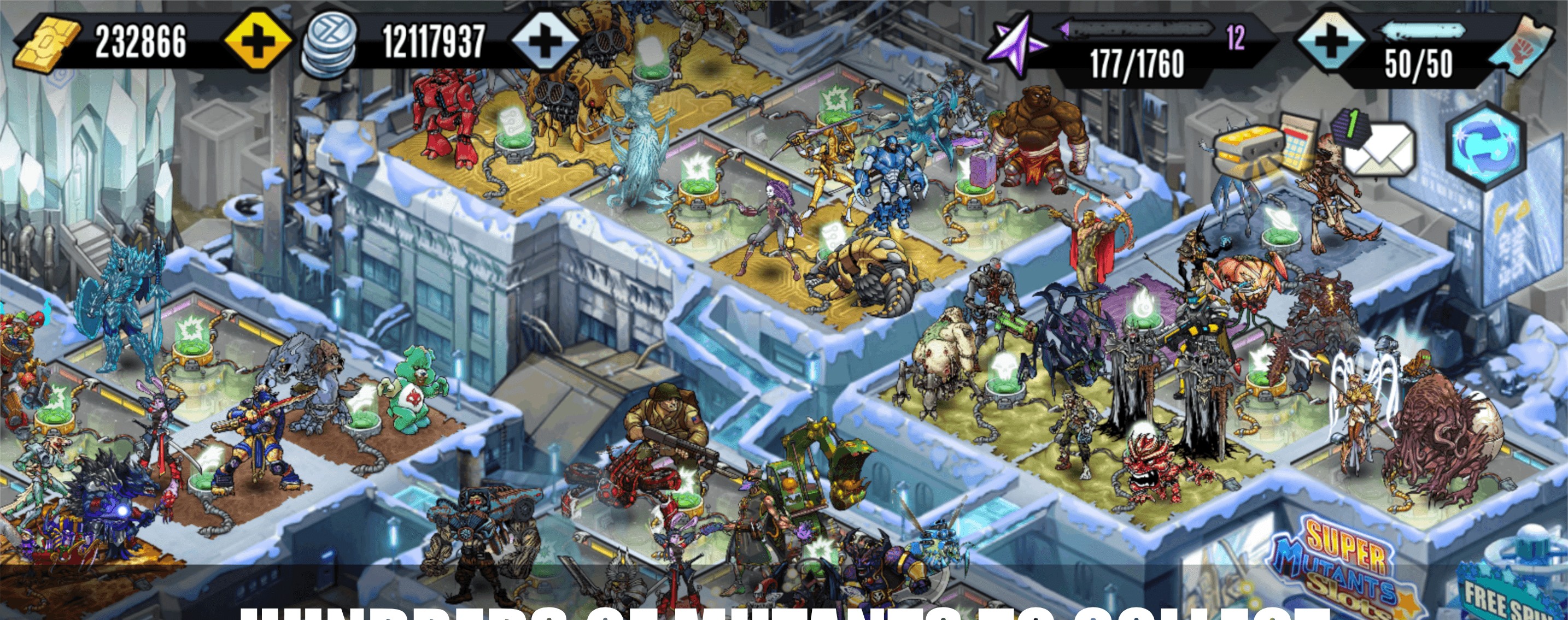 An isometric Mutants Genetic Gladiators base with mutants placed across its platforms and resource counters along the top