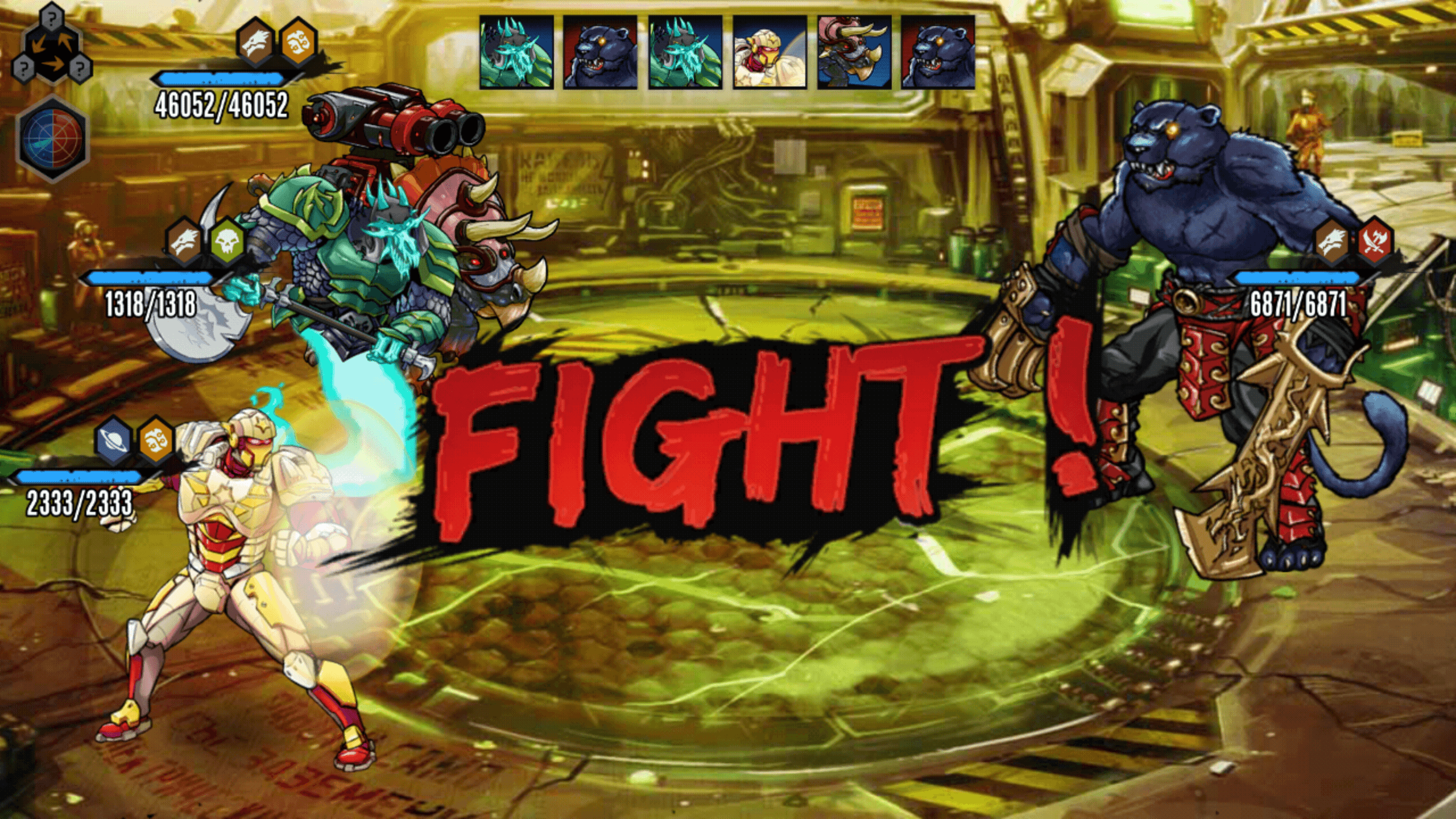 A Mutants: Genetic Gladiators battle opening with a red FIGHT! banner, three mutants on the left, a cannon-backed beast, a horned green warrior and a white and gold armoured fighter, facing a blue panther warrior on the right, each with a health bar, and a row of six mutant portraits along the top