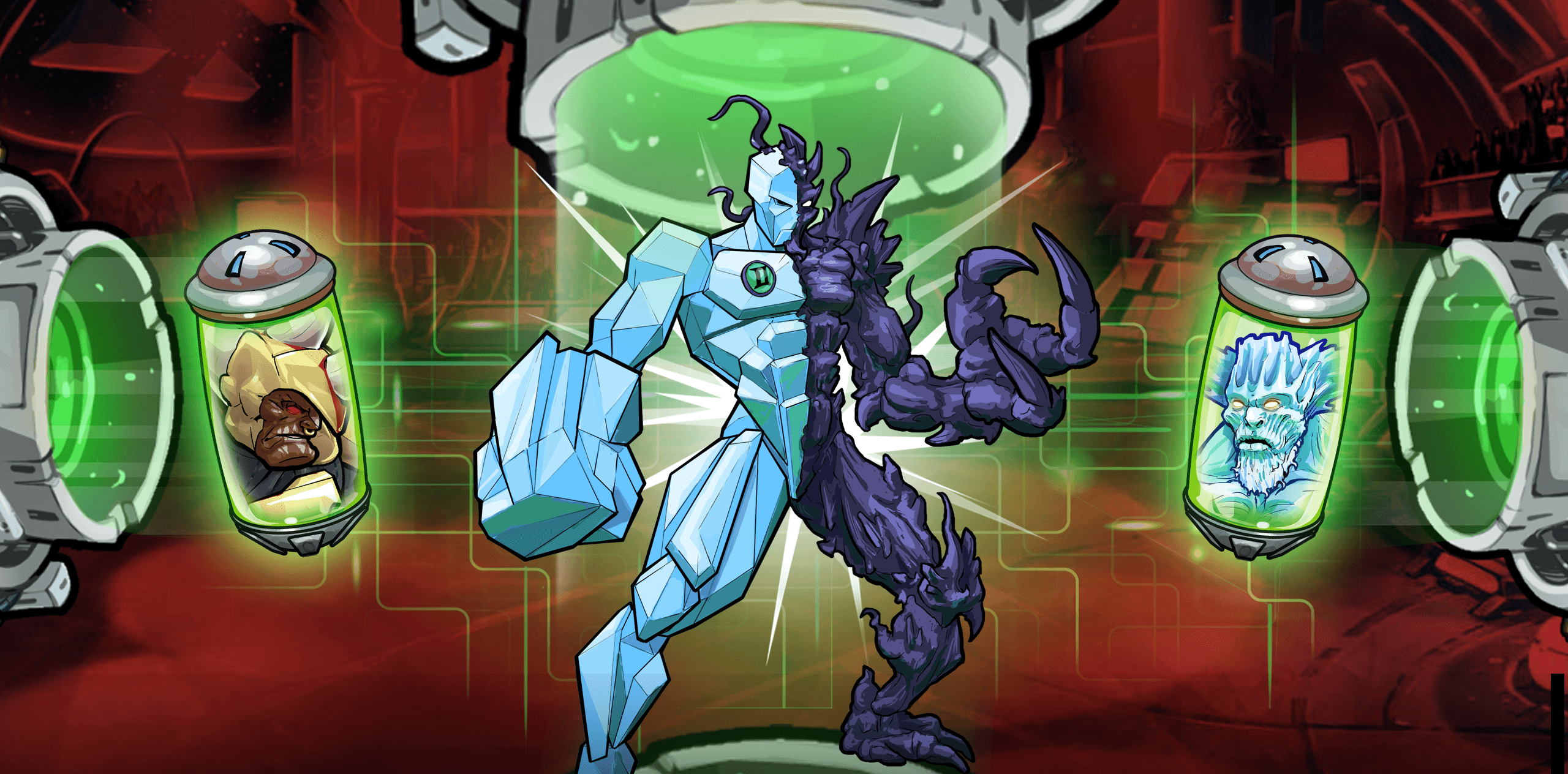 Mutants: Genetic Gladiators breeding art, two parent mutants in glowing green vials, a beast face on the left and an ice-crowned face on the right, either side of the hybrid they produce, half blue ice and half purple claws