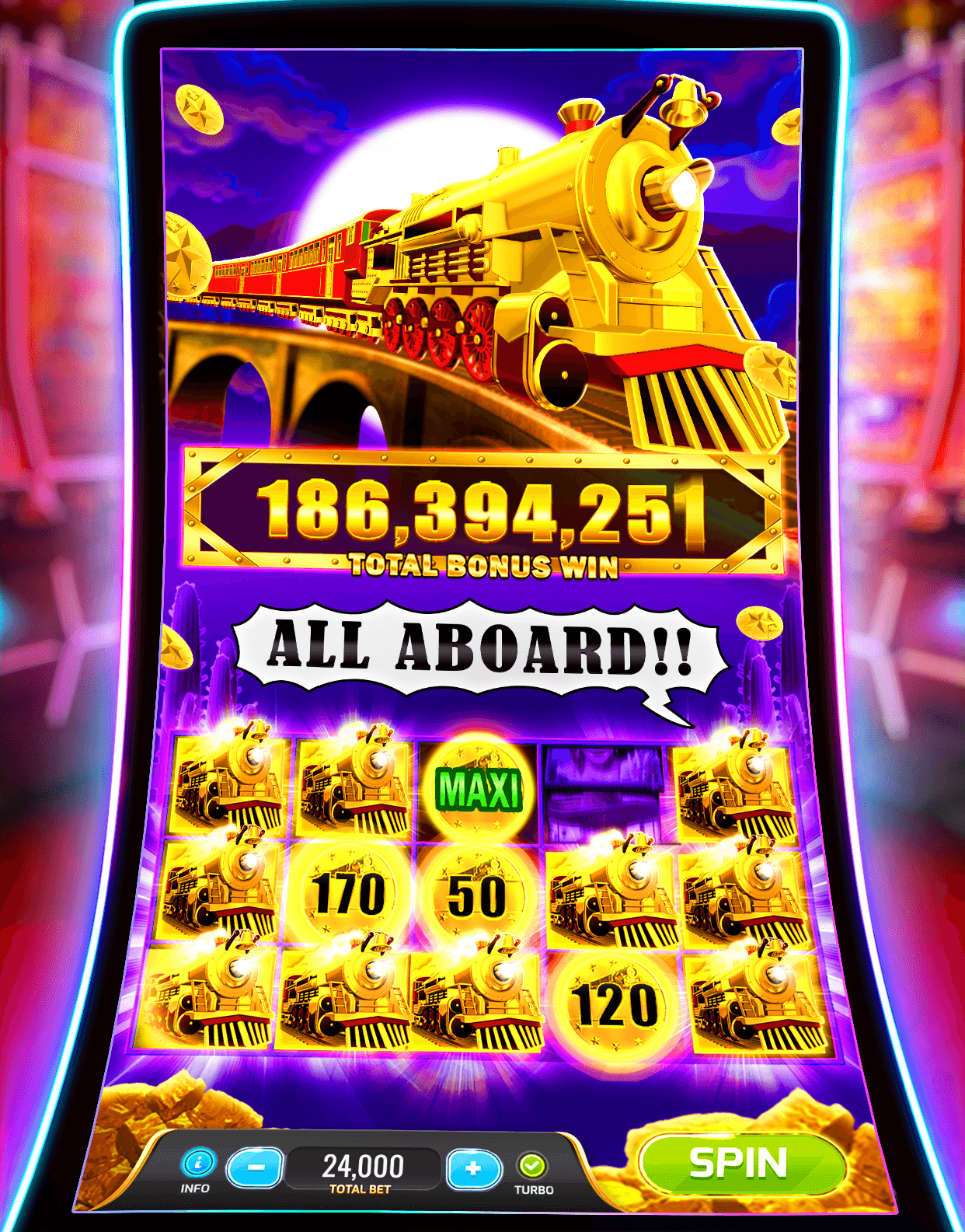 The All Aboard machine in myKONAMI Slots, a golden steam train crossing a bridge above a Total Bonus Win of 186,394,251, reels of gold trains and bonus coins marked Maxi, 170, 50 and 120, and a total bet of 24,000 between minus and plus buttons beside Turbo and Spin