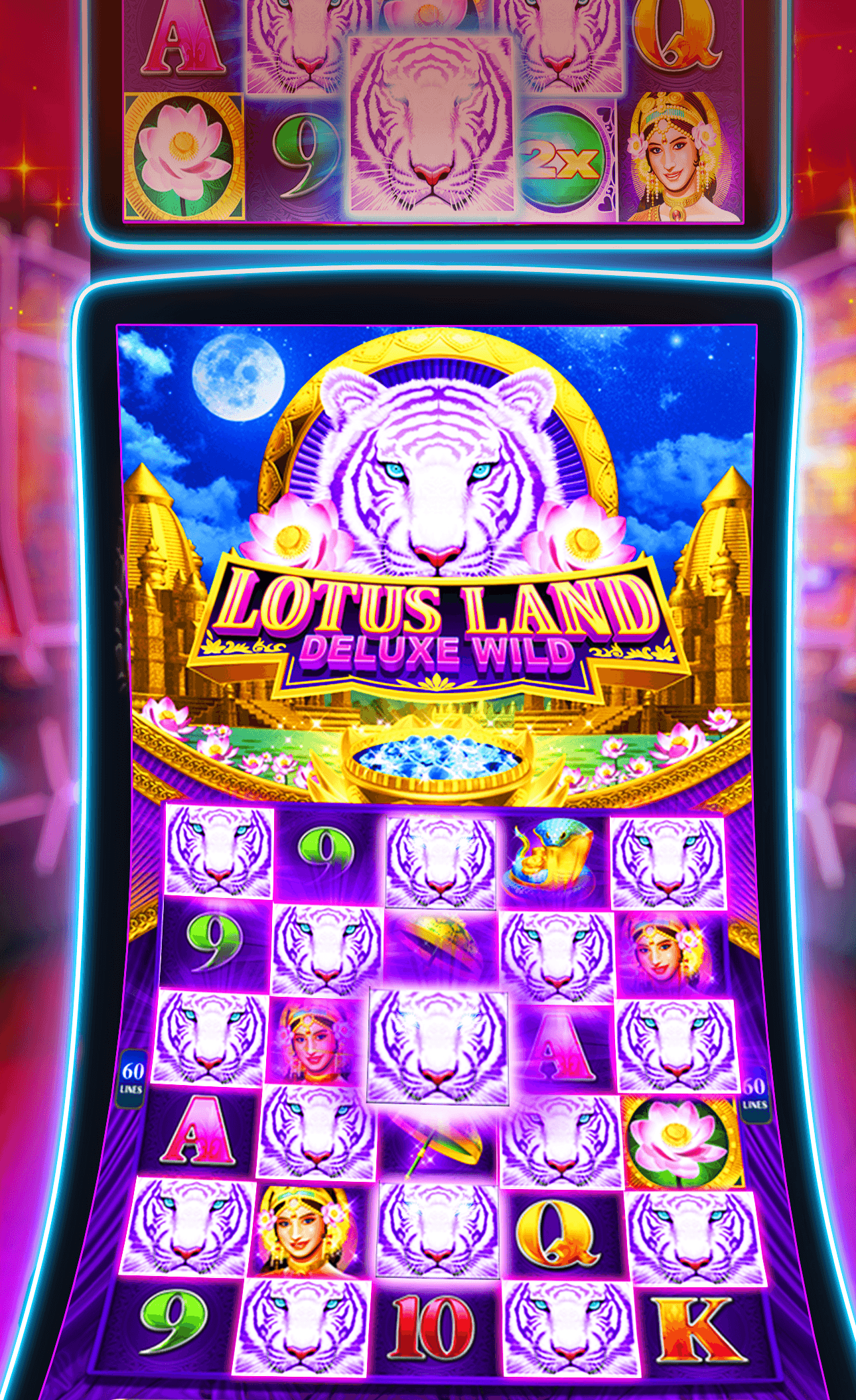The Lotus Land Deluxe Wild machine in myKONAMI Slots, drawn as a casino cabinet with the total bet and SPIN button below the reels