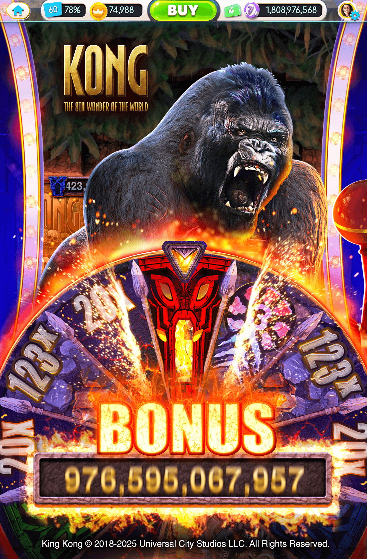 The Kong slot in myVEGAS Slots, a roaring gorilla above a bonus wheel with 20X and 123X segments and a burning BONUS banner reading 976,595,067,957, with a Chip balance of 1,808,976,568 in the top bar